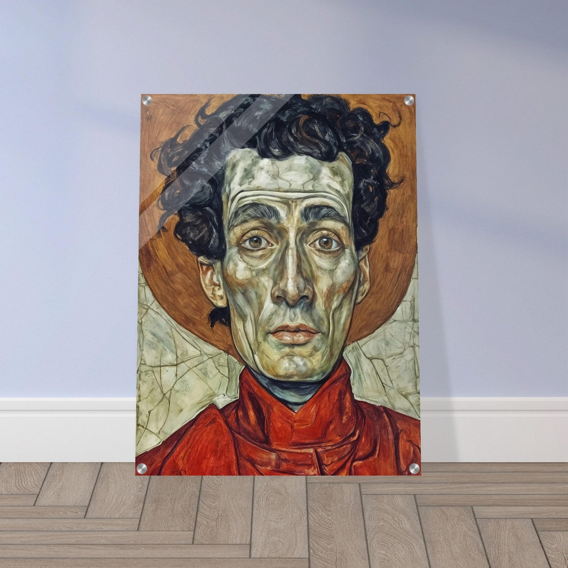 A striking portrait of a man with intense, solemn eyes, painted in vivid reds and browns, capturing a deep sense of weariness and resolve.