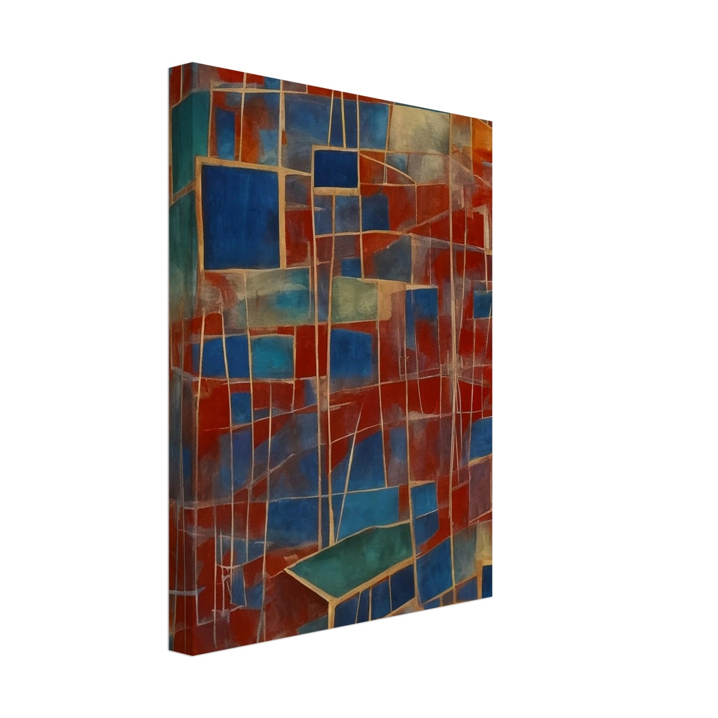 A vibrant composition featuring a network of interconnected blue and red rectangles, creating a dynamic and fragmented visual experience.