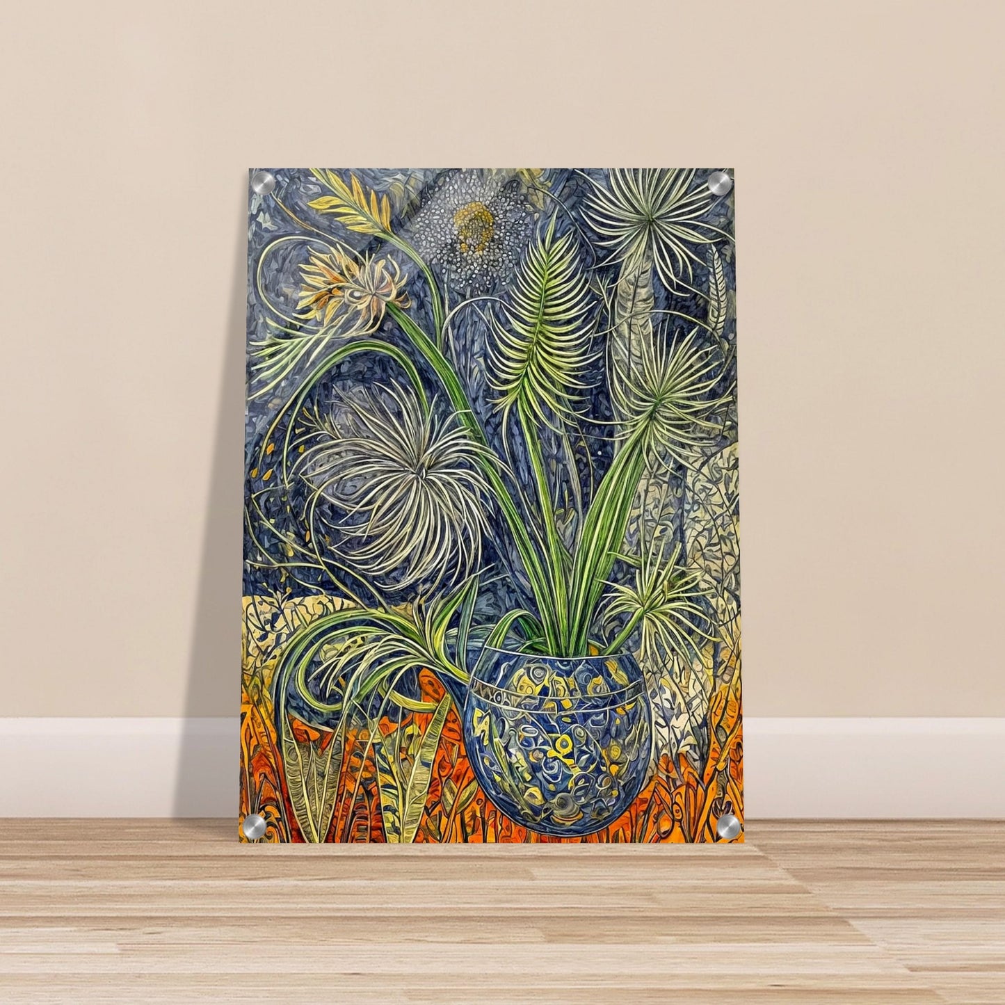 An intricate painting of lush green plants in a patterned blue vase, surrounded by detailed foliage and vibrant orange accents in the background.