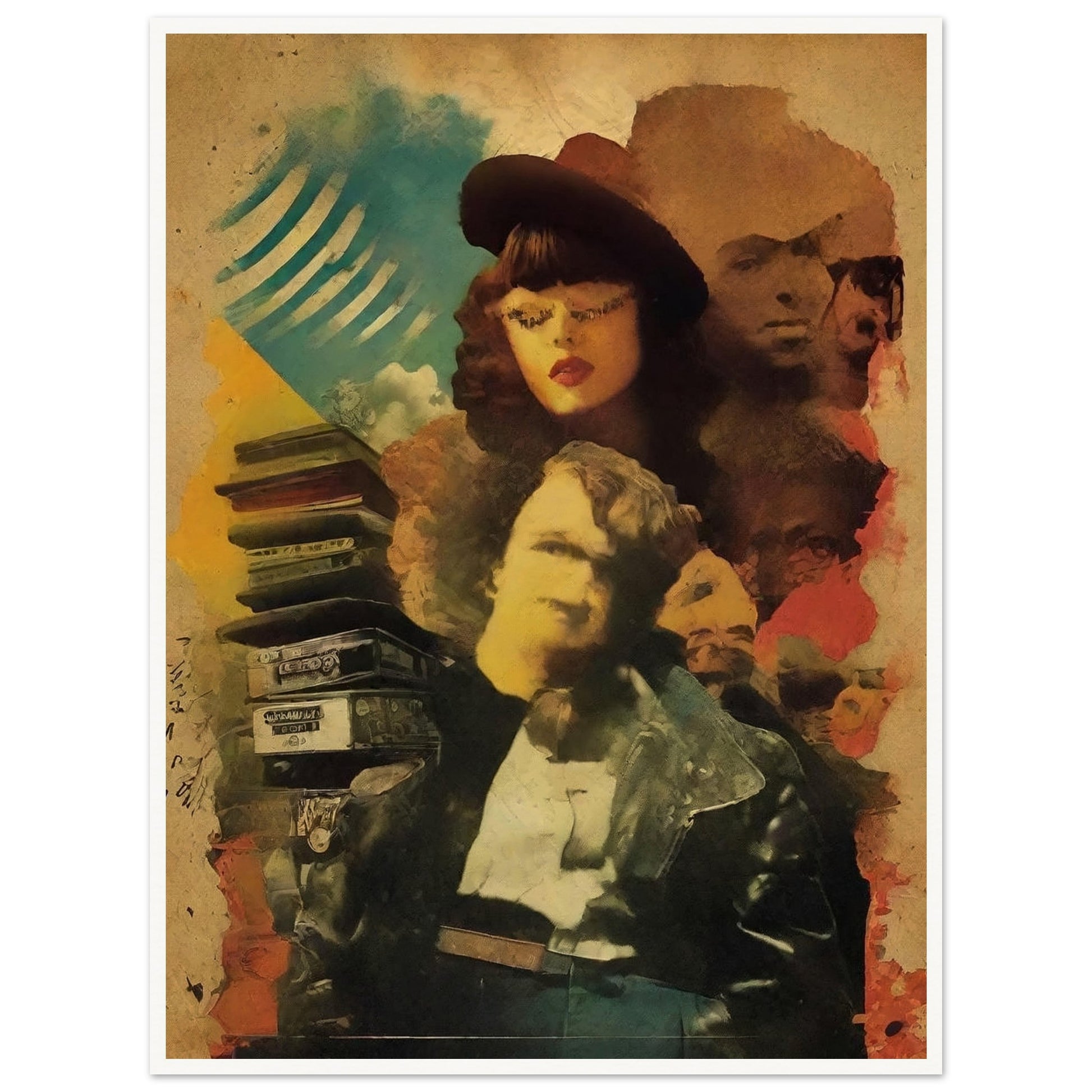 Surreal collage of vintage figures, with a woman in a hat and a man in a leather jacket, surrounded by old cassette tapes and faces