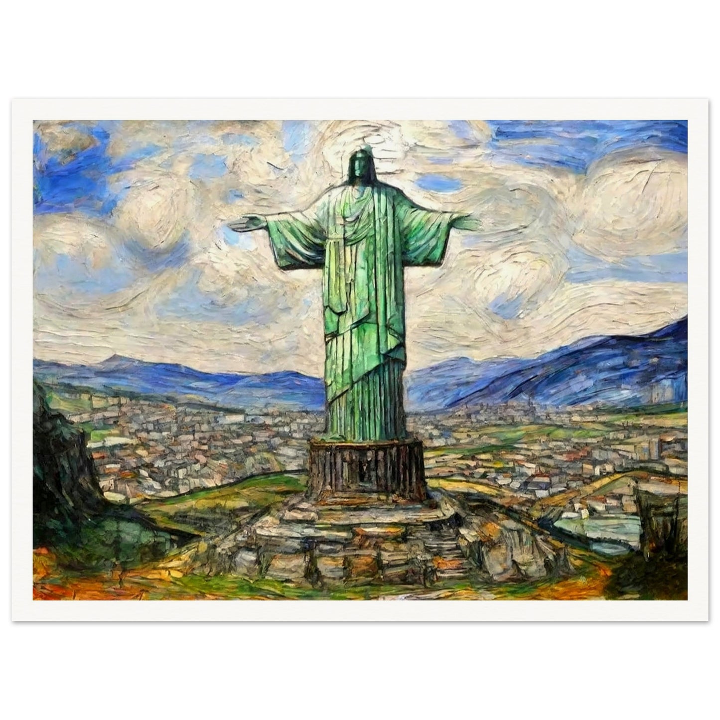 "A majestic painting of the Christ the Redeemer statue standing tall over the city of Rio de Janeiro, with vibrant skies and mountain ranges in the background."