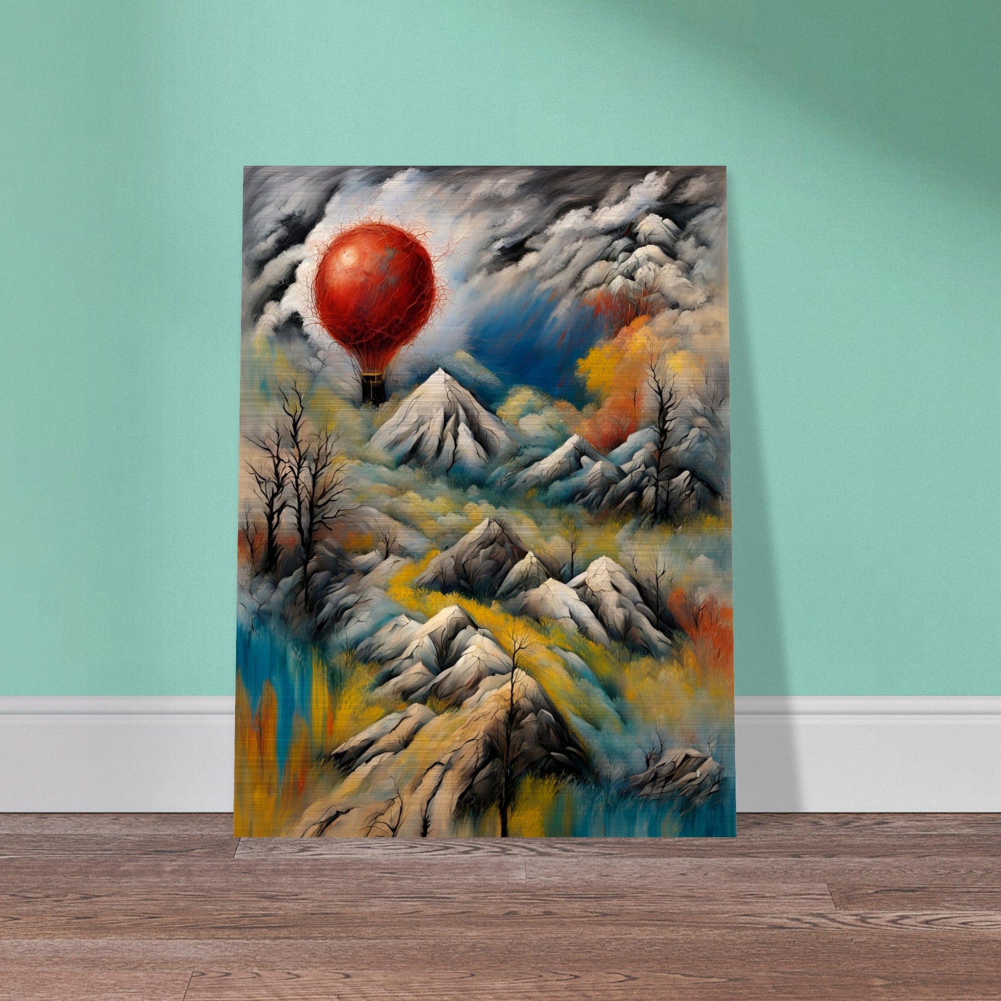 A surreal landscape featuring snow-capped mountains, swirling clouds, and a glowing red hot air balloon floating amidst dramatic skies.
