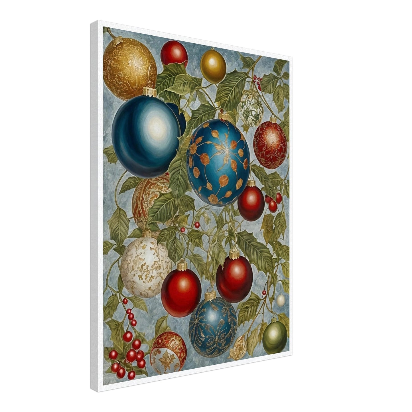 A beautiful arrangement of Christmas ornaments in blue, red, gold, and white, hanging from holly branches adorned with berries, showcasing intricate holiday designs.