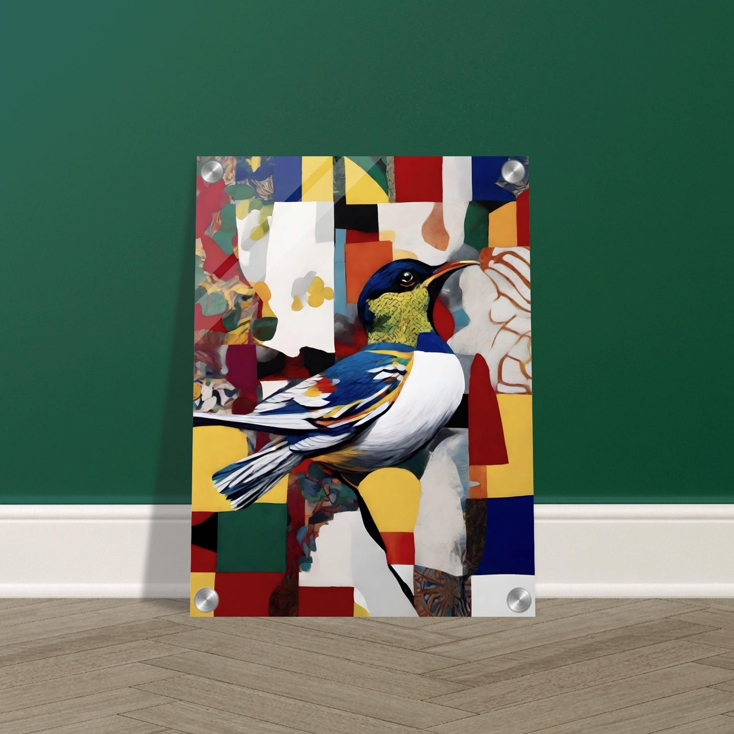 A colorful painting of a bird with intricate blue, yellow, and white feathers perched on a branch, set against a patchwork background of bold geometric shapes and vibrant hues.