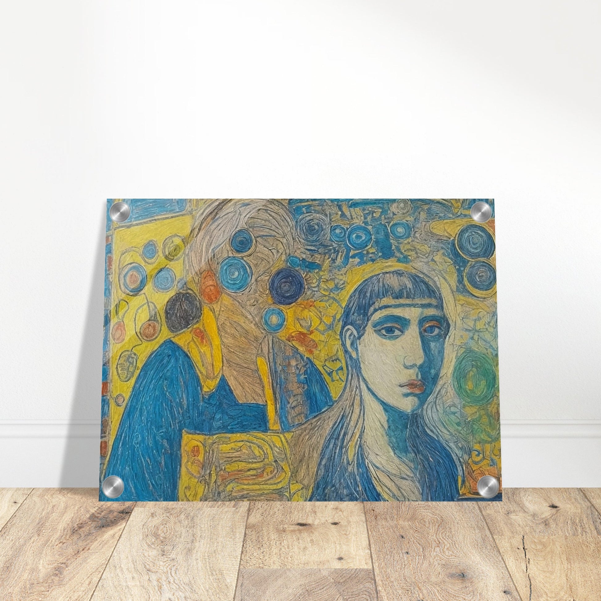 An intricate painting that merges vibrant abstract patterns with expressive human figures, portraying a deep connection between identities and surroundings.