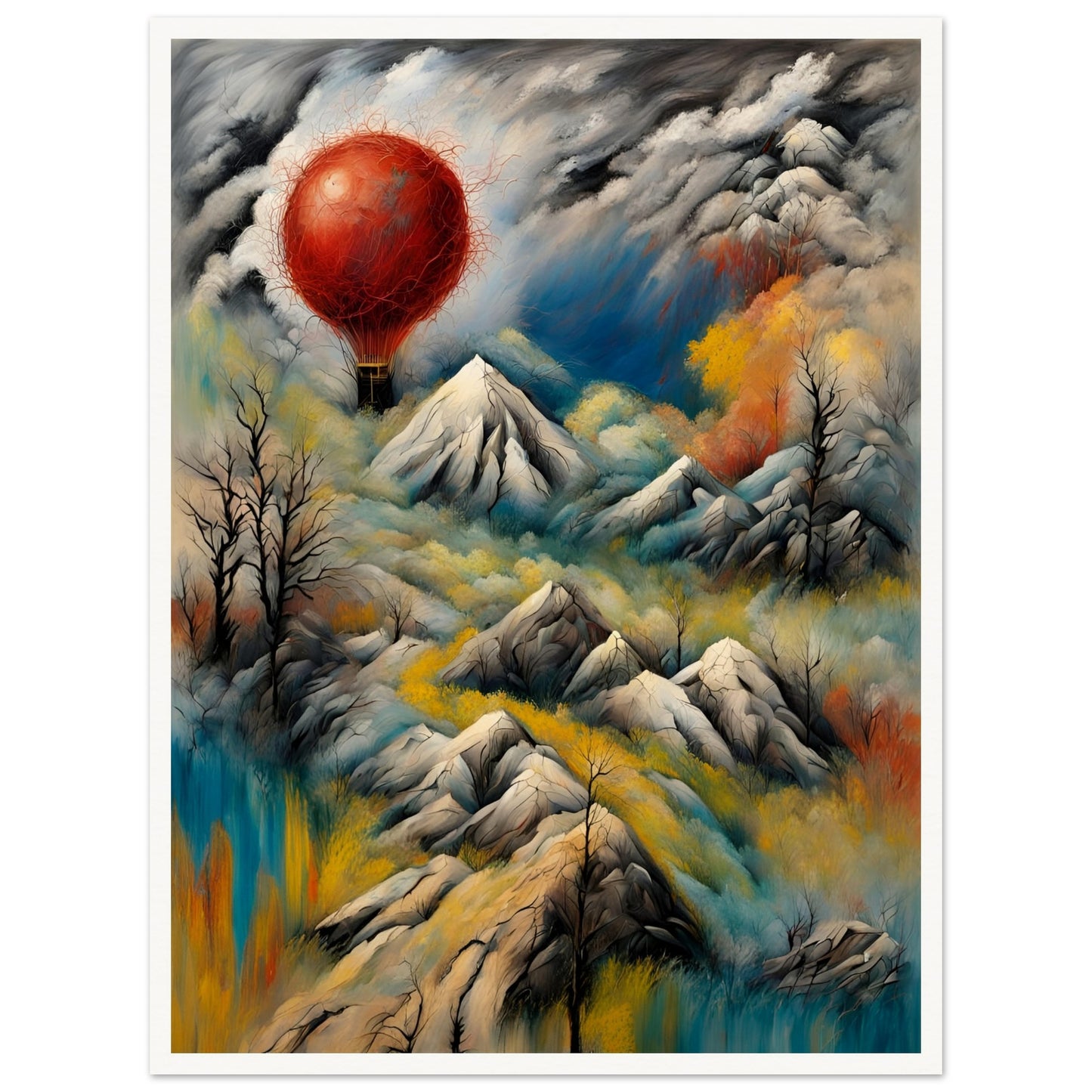 A surreal landscape featuring snow-capped mountains, swirling clouds, and a glowing red hot air balloon floating amidst dramatic skies.