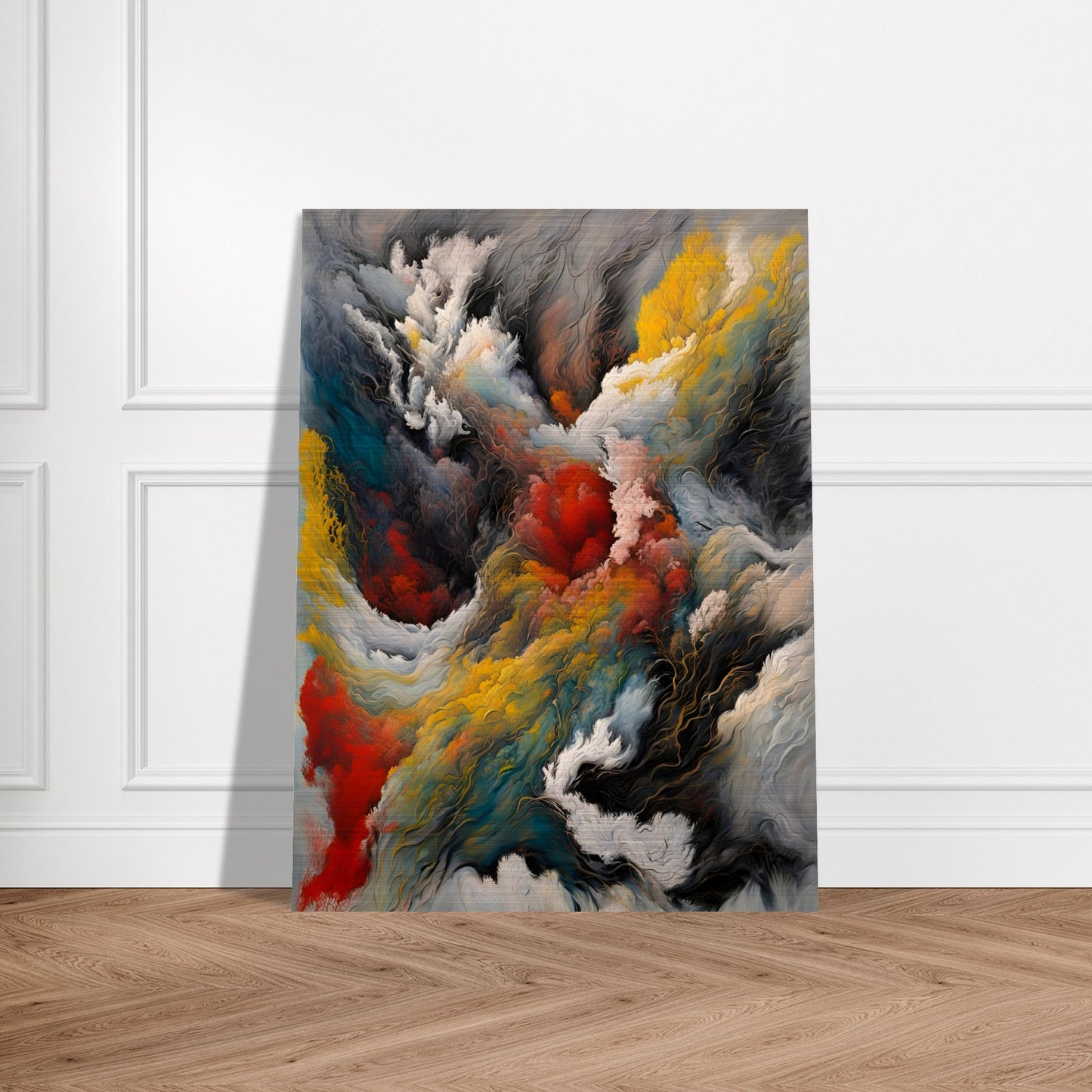 A dramatic painting depicting swirling clouds of smoke, fire, and mist with deep reds, golds, blues, and blacks, evoking a powerful elemental force.