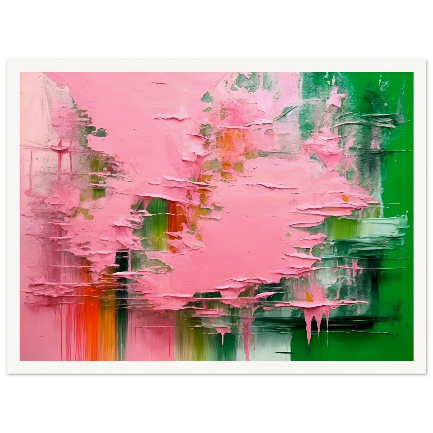 Vibrant abstract art with bold green and pink textures, layered and dripping paint blending with subtle orange and white strokes.