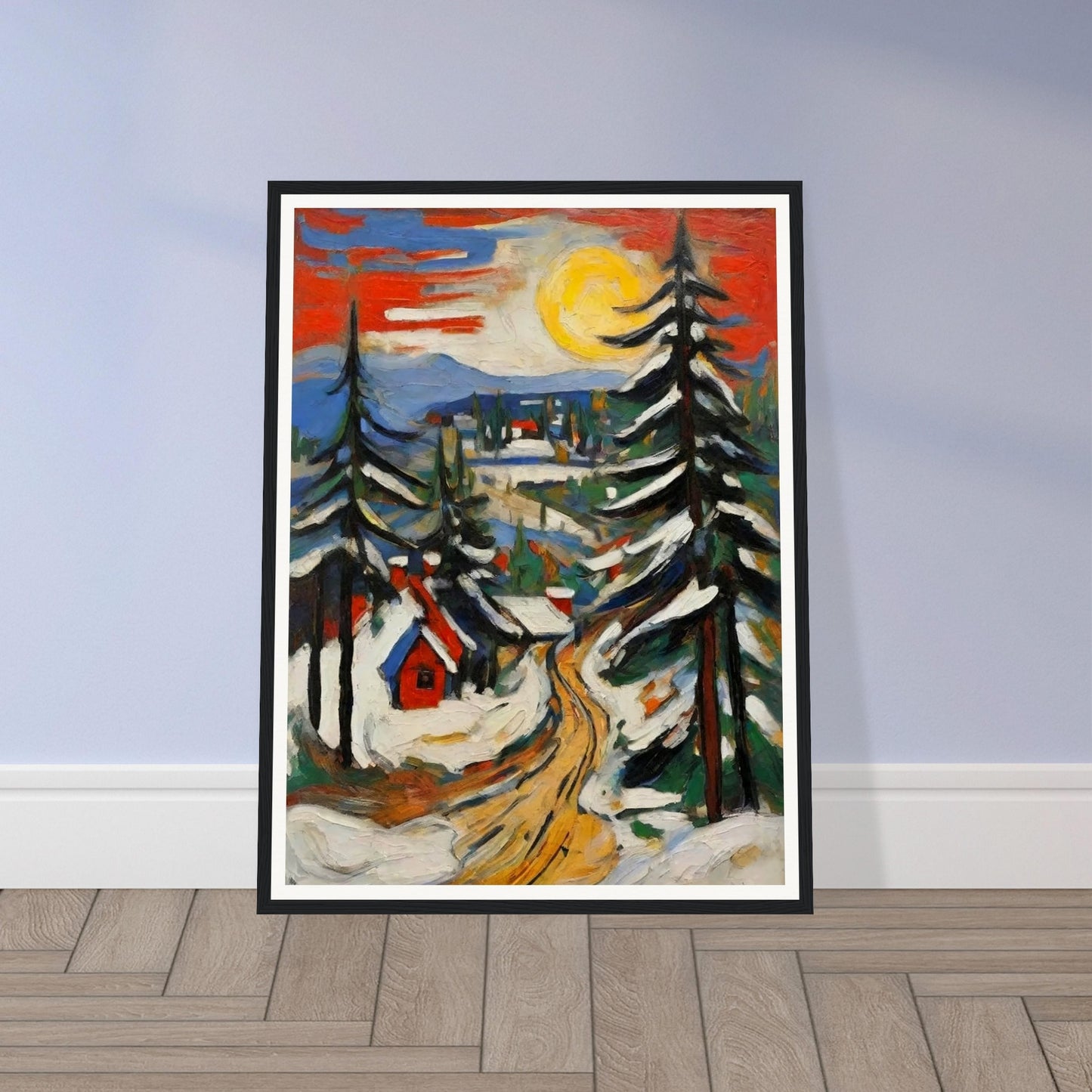 "A vibrant painting of a snow-covered village under a bright yellow sun, with tall pine trees and a winding golden path leading through the scene."