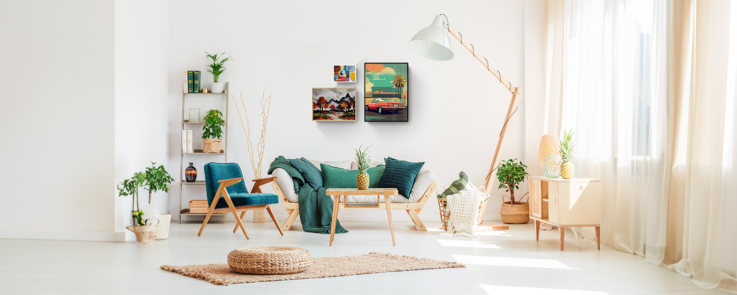 Bright and airy living room with mid-century modern furniture, colorful cushions, and two vibrant wall art pieces, including a vintage car and a landscape painting.