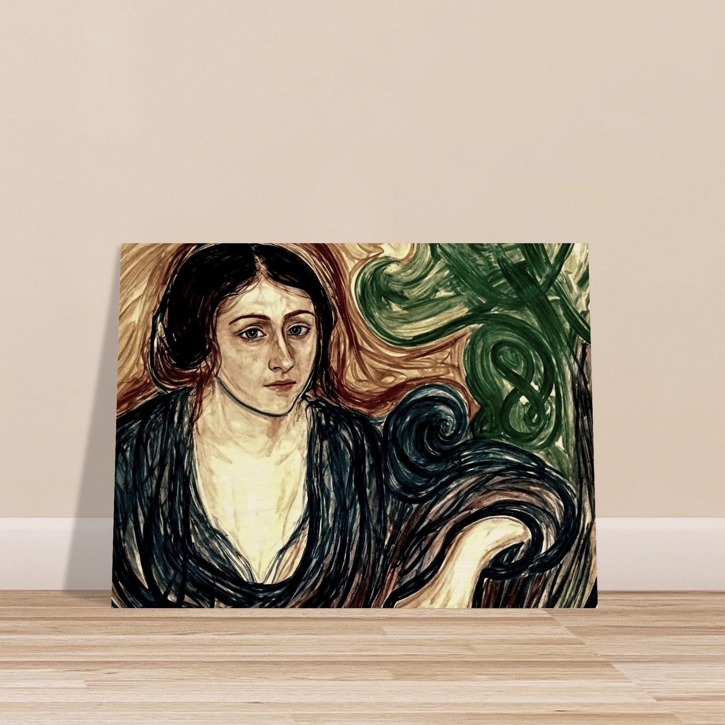 A contemplative portrait of a woman with dark hair, dressed in a flowing blue robe, surrounded by swirling patterns of green and brown.