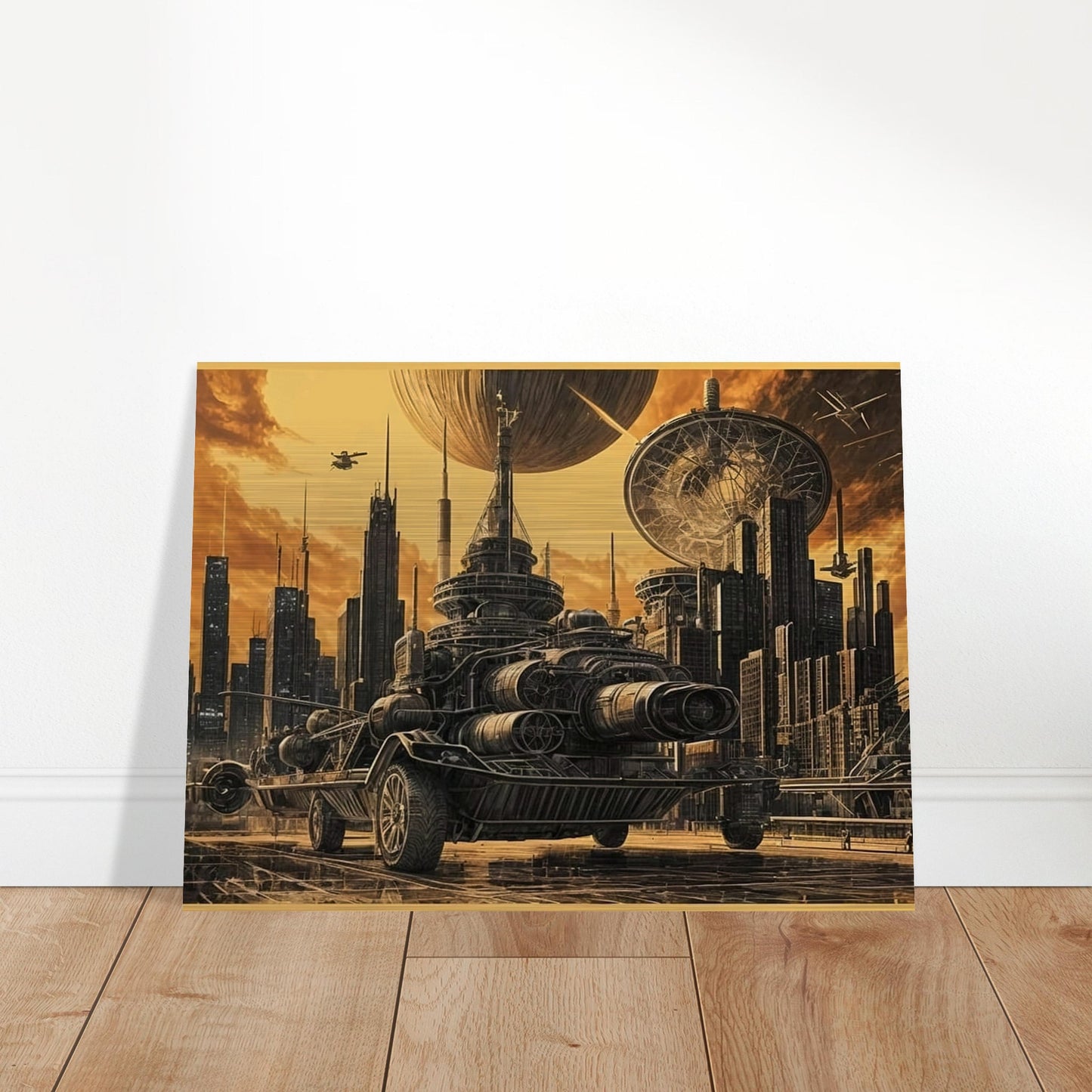 A massive futuristic machine rolls through a towering, industrial city under a golden sky, surrounded by advanced technology and spacecraft.