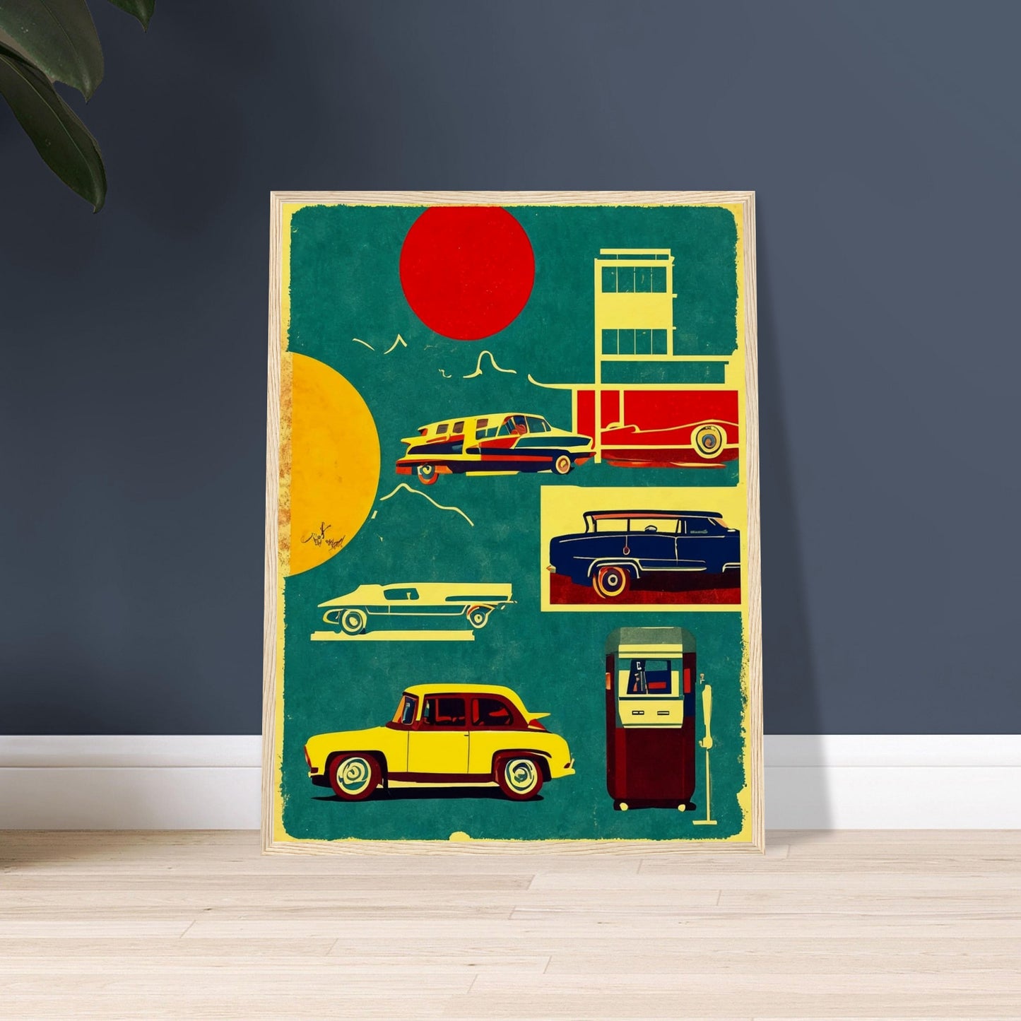 A vibrant artwork featuring classic vintage cars and a retro gas pump in bold colors, set against a backdrop of red and yellow suns.