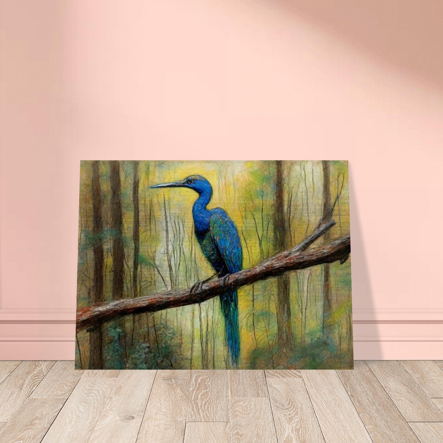 "A detailed painting of a vibrant blue bird perched on a tree branch in a forest, surrounded by soft, natural light filtering through the trees."