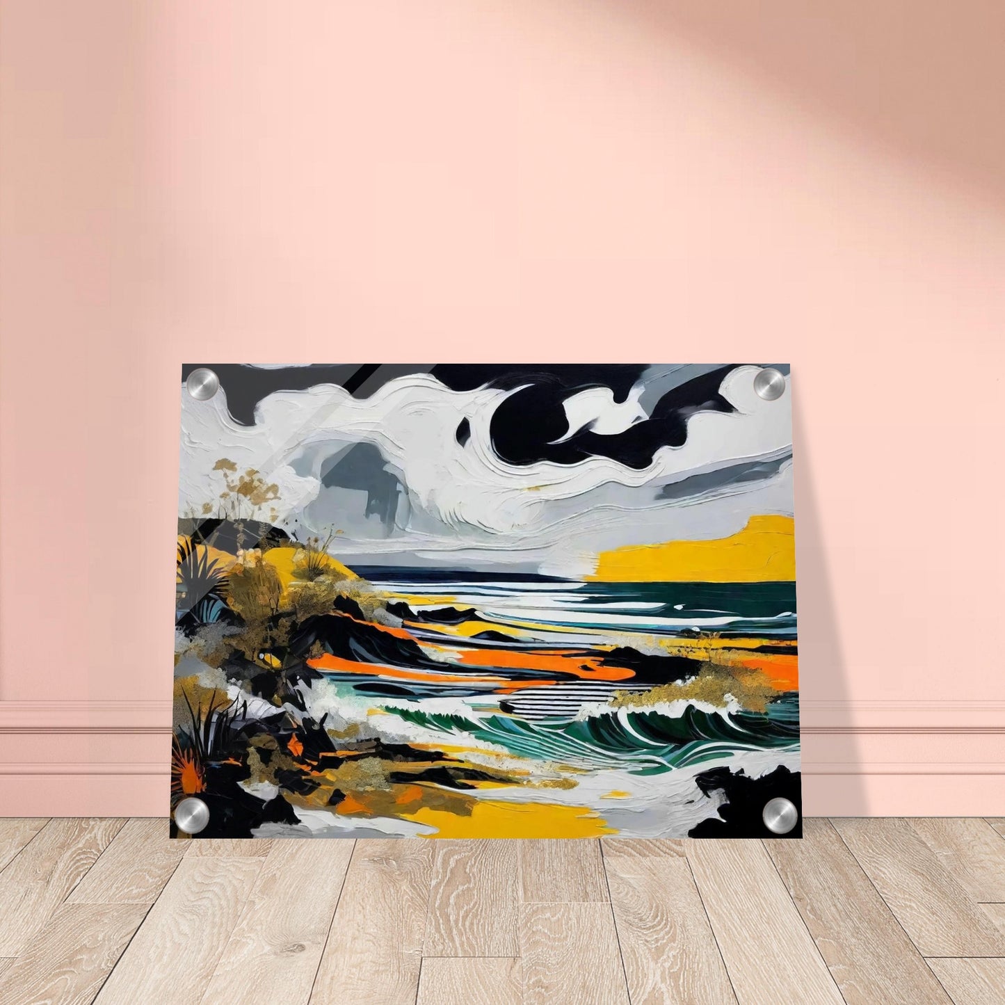 A striking seascape painting with swirling clouds, crashing waves, and bold colors of yellow, black, and green along a rugged coastline.