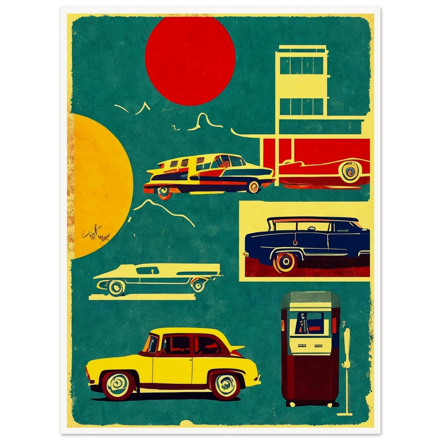 A vibrant artwork featuring classic vintage cars and a retro gas pump in bold colors, set against a backdrop of red and yellow suns.