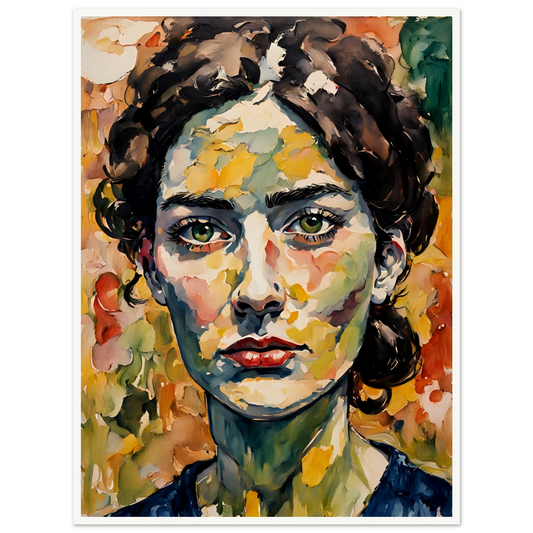 A vibrant portrait of a woman with deep green eyes, expressive red lips, and a textured face blending warm autumn hues in bold brushstrokes.