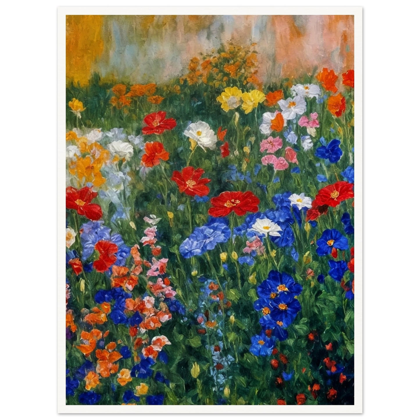 Colorful painting of a blooming garden filled with various flowers in red, blue, and yellow hues against a soft, textured background