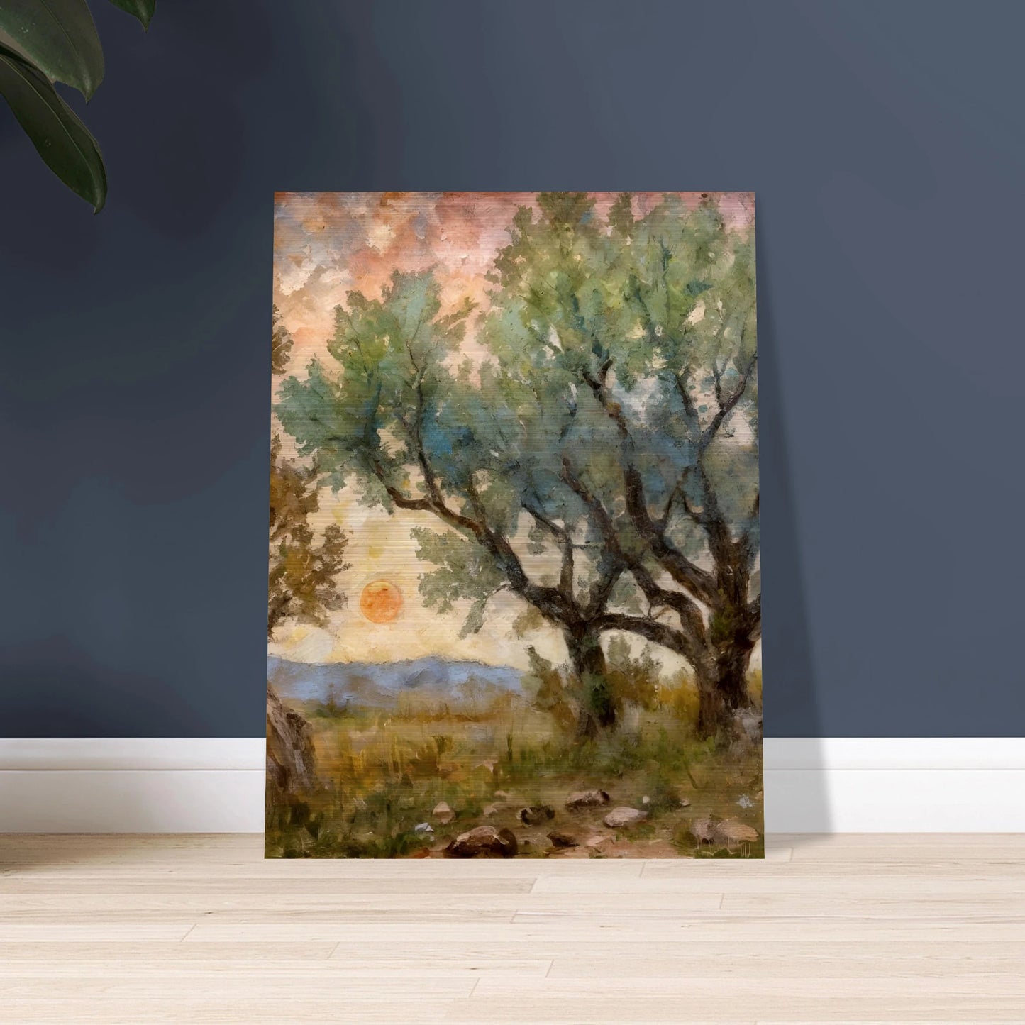 Sunset filters through tall, leafy trees, casting golden light over a rocky path and open field in this painterly forest scene.