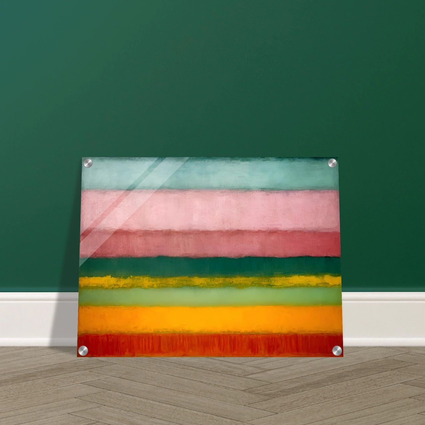 A minimalist painting of horizontal color bands fading softly from one to another in pink, green, yellow, and red tones.