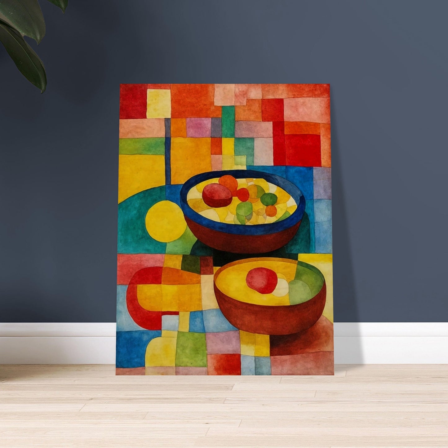 Brightly colored bowls filled with vibrant fruits rest on a multicolored geometric surface, surrounded by warm and cool hues in a mosaic style.