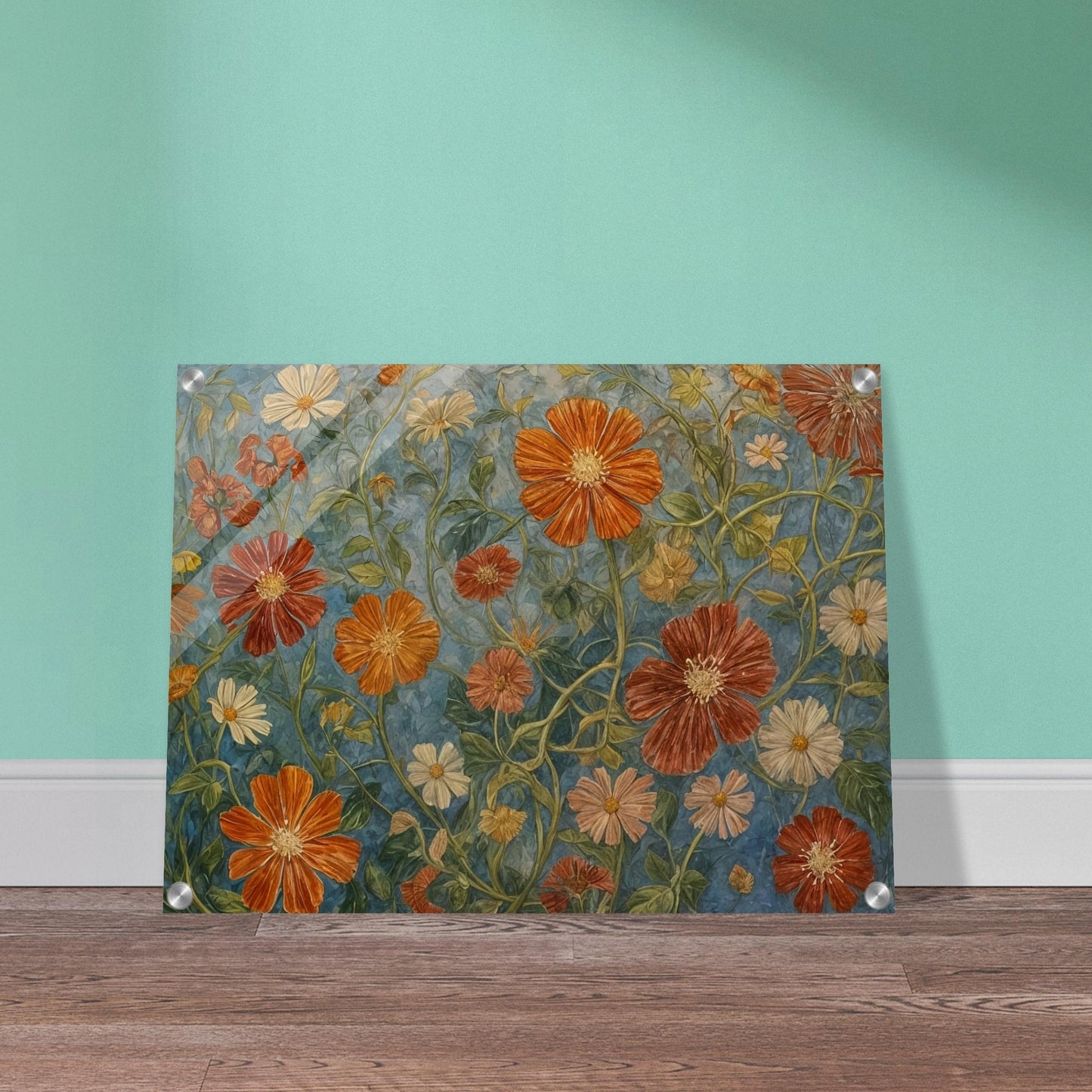 A detailed painting of various orange and white flowers with lush green stems against a blue background.
