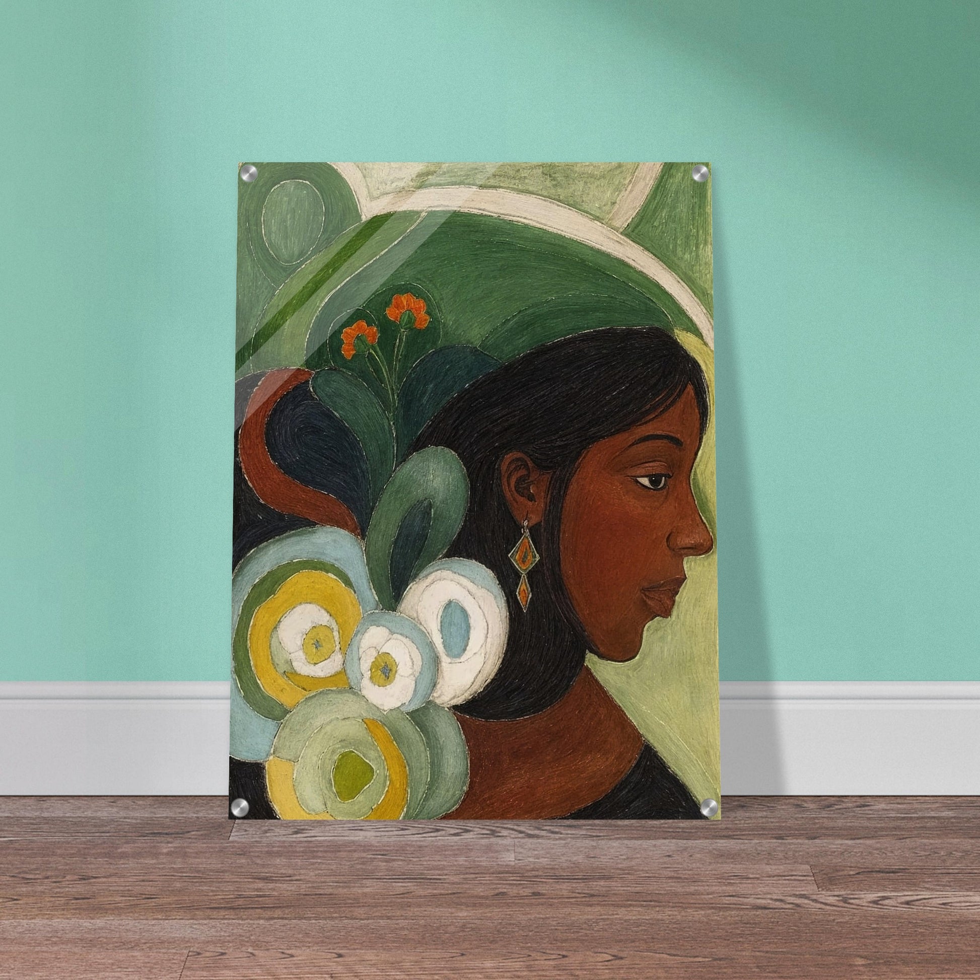 A contemplative portrait of a woman in profile, adorned with vibrant green and floral elements in the background.