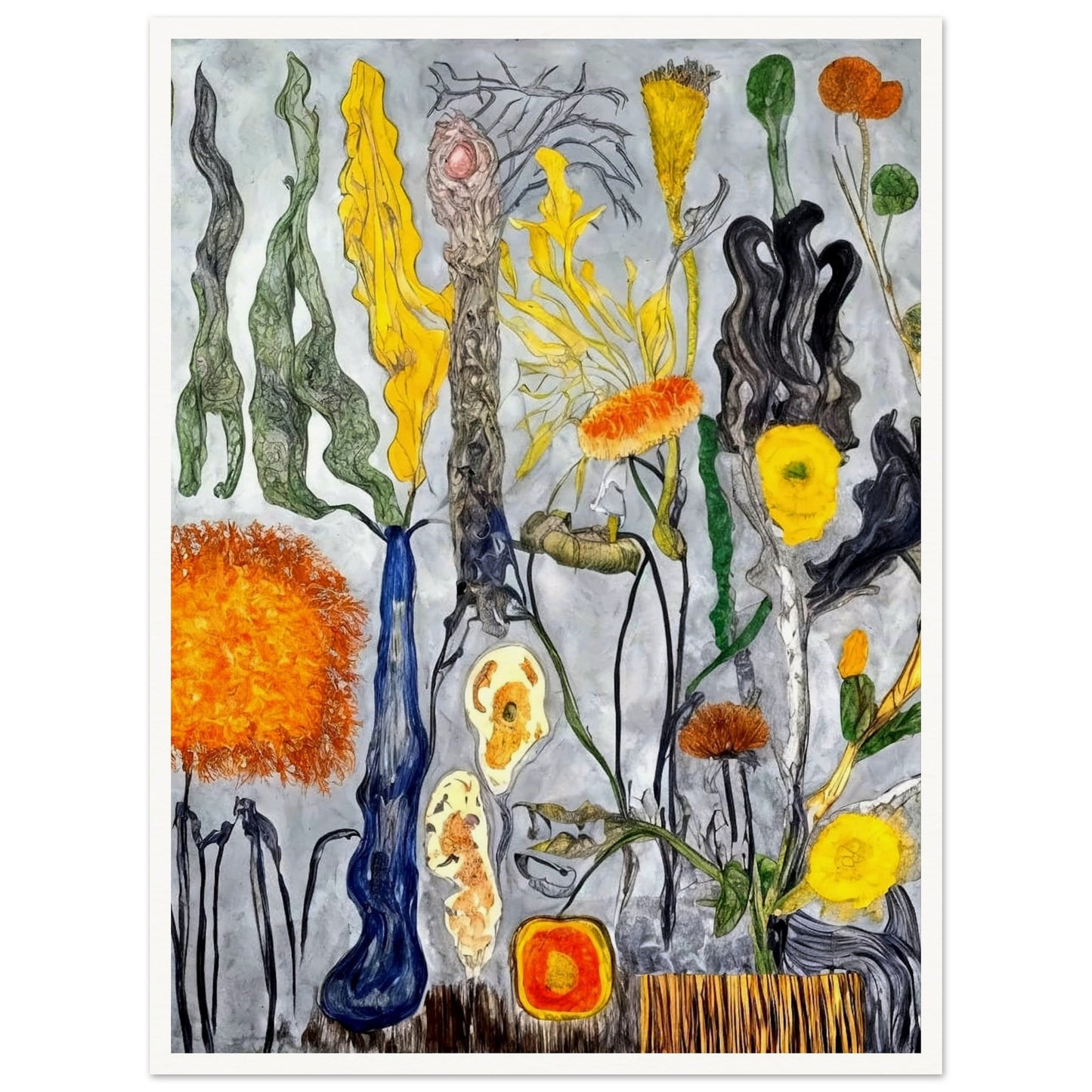 A surreal floral composition featuring abstract shapes and vibrant colors, with twisting, unusual stems and yellow, orange, and green flowers.