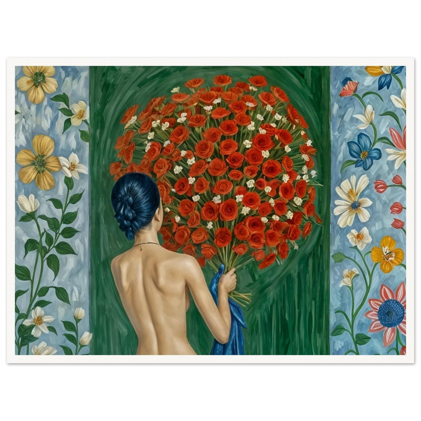 A painting of a woman with her back turned, holding a large bouquet of red roses against a vibrant backdrop of floral patterns, symbolizing a deep connection with nature.