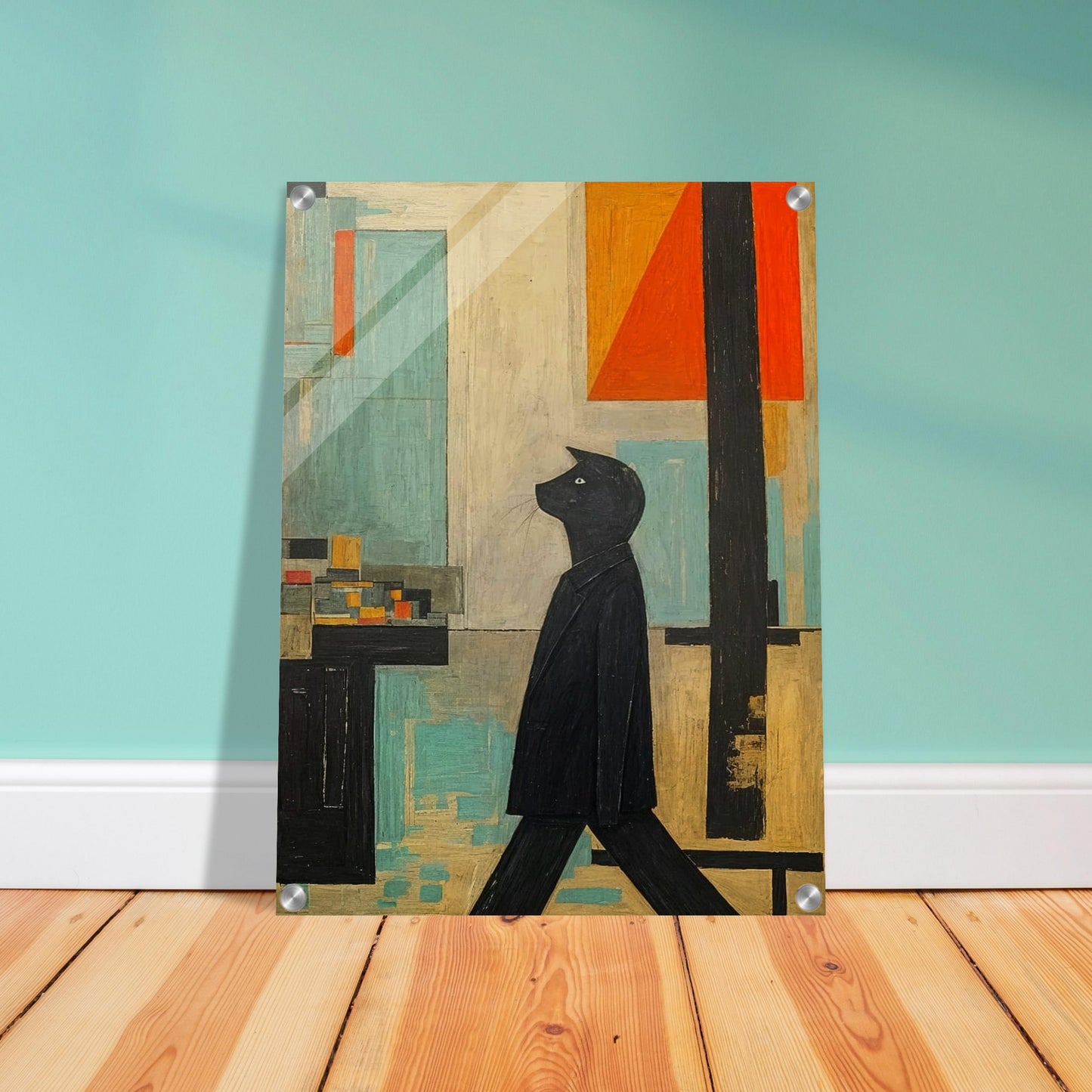 A stylized painting of a black cat walking upright, set against a geometric backdrop with muted tones of blue, orange, and beige.