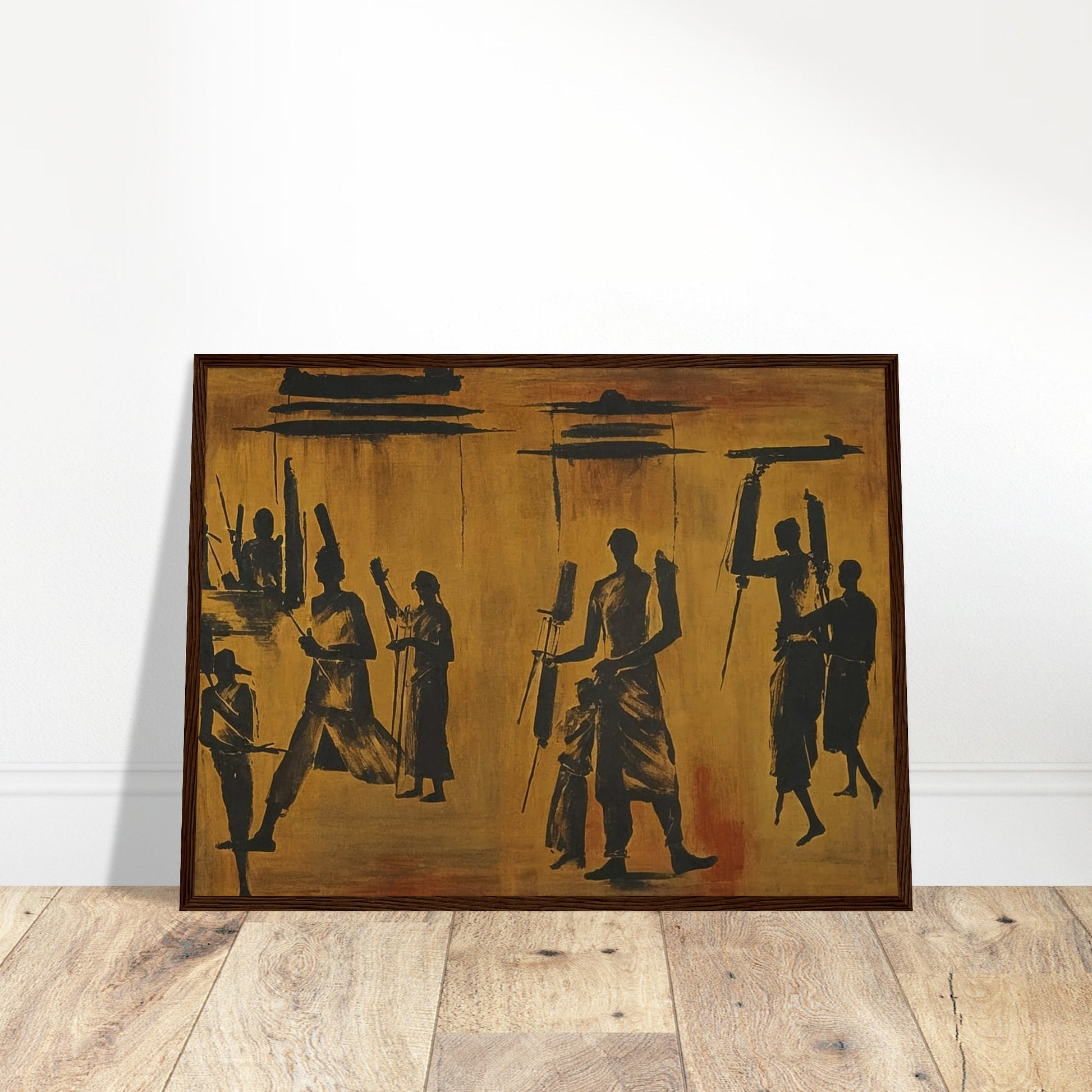 A painting of dark silhouettes of people in motion against a warm, textured background, evoking a sense of movement and rhythm.