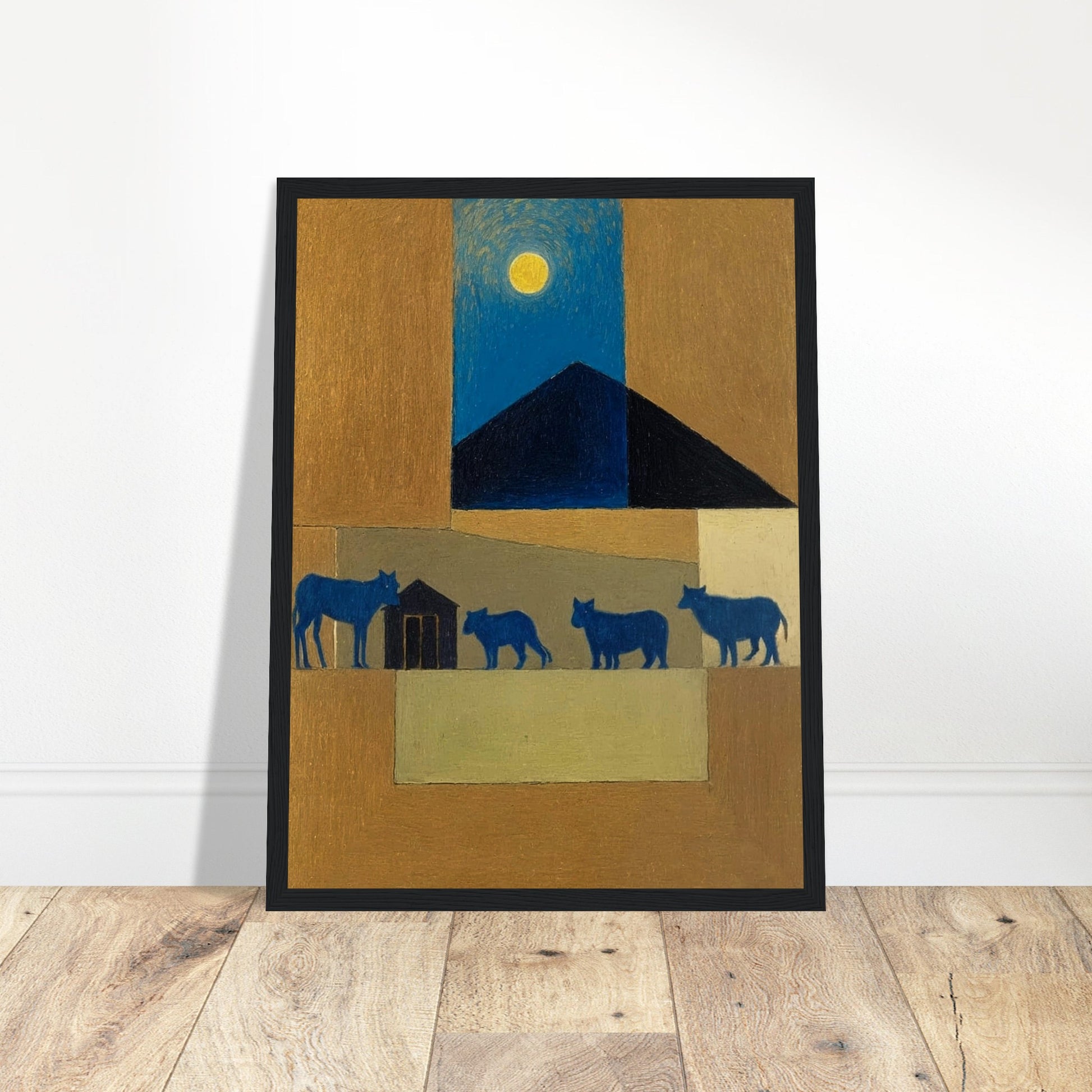 A peaceful night scene with blue cattle walking under the moon, against a backdrop of warm earthy tones and a dark triangular roof.
