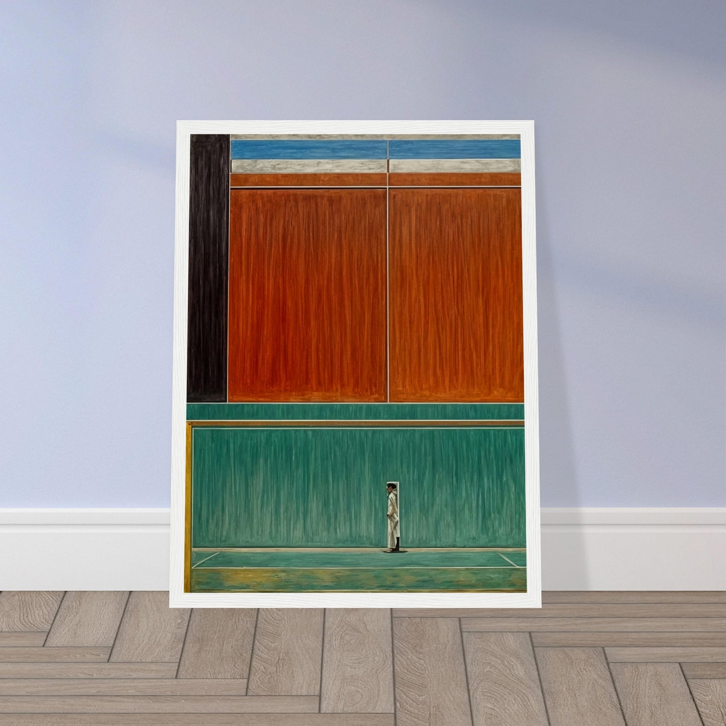 A minimalist painting depicting a solitary figure standing in front of large abstract color blocks.