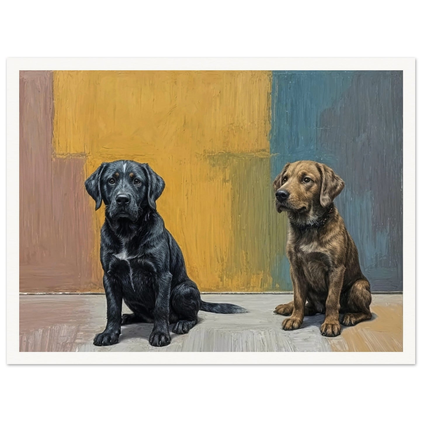 A realistic painting of two dogs sitting side by side against a colorful background, showcasing a black and a brown dog.