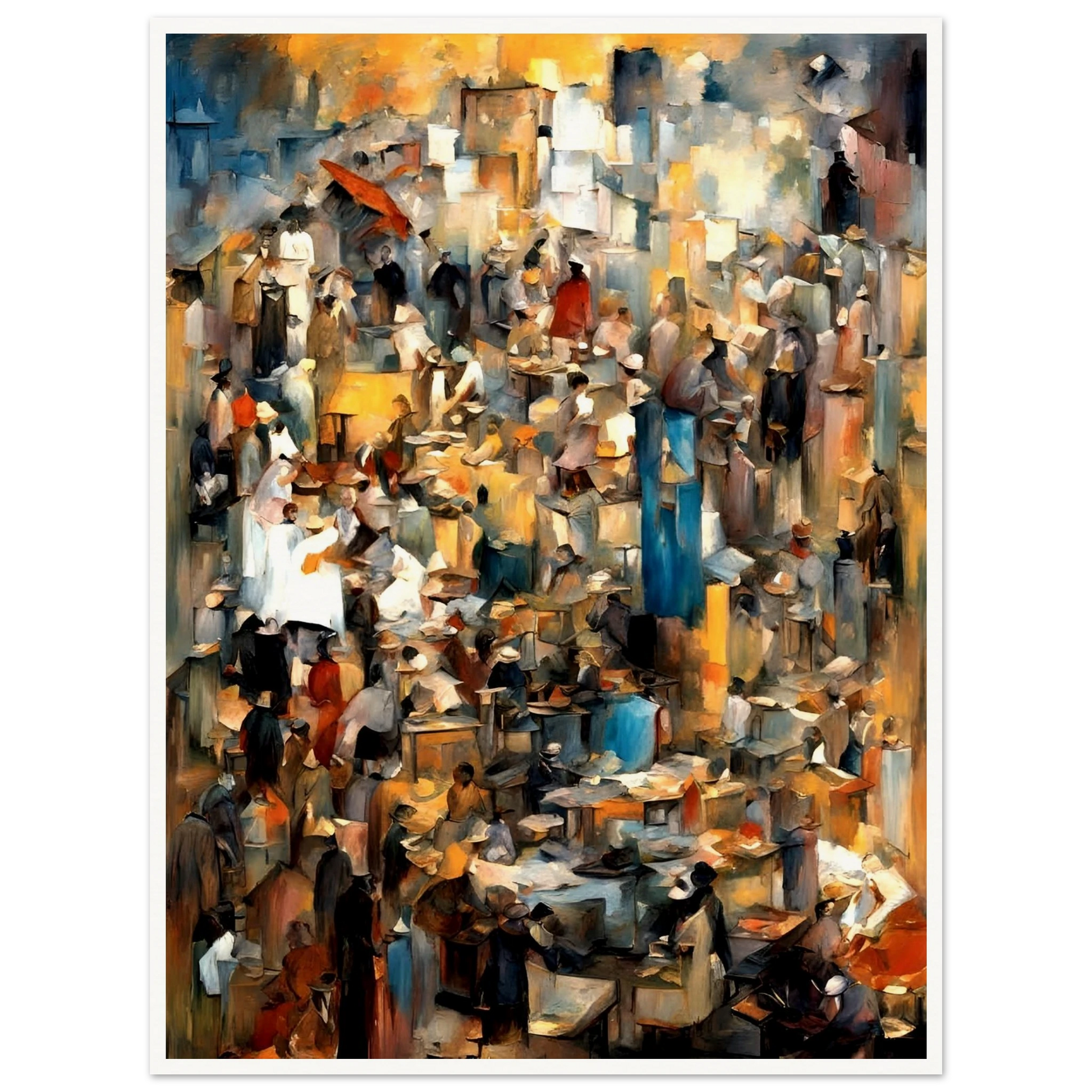 Bustling market scene with abstracted crowds, vendors, and stalls in warm earthy tones, evoking movement and layered human stories.