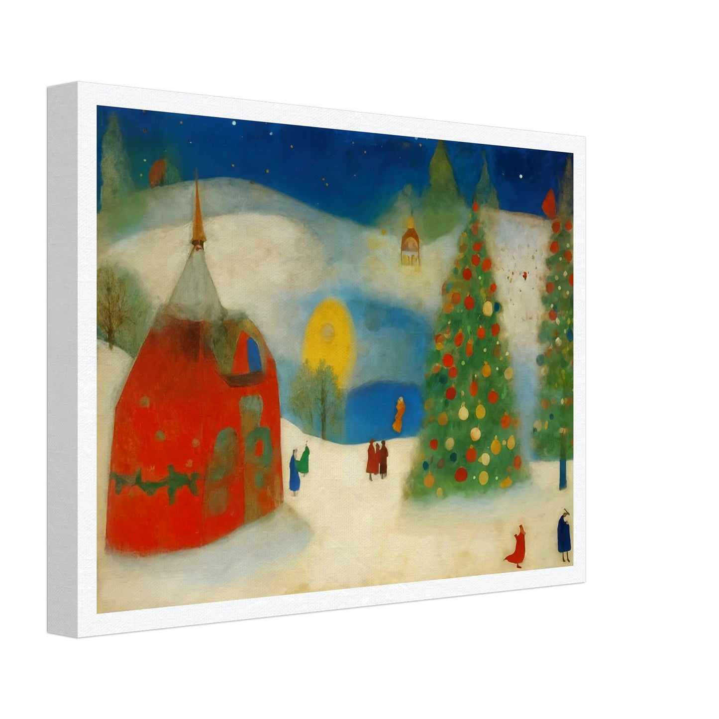 A whimsical winter scene with a large Christmas tree decorated in vibrant ornaments, a cozy red house, and figures strolling through a snowy landscape under a night sky.