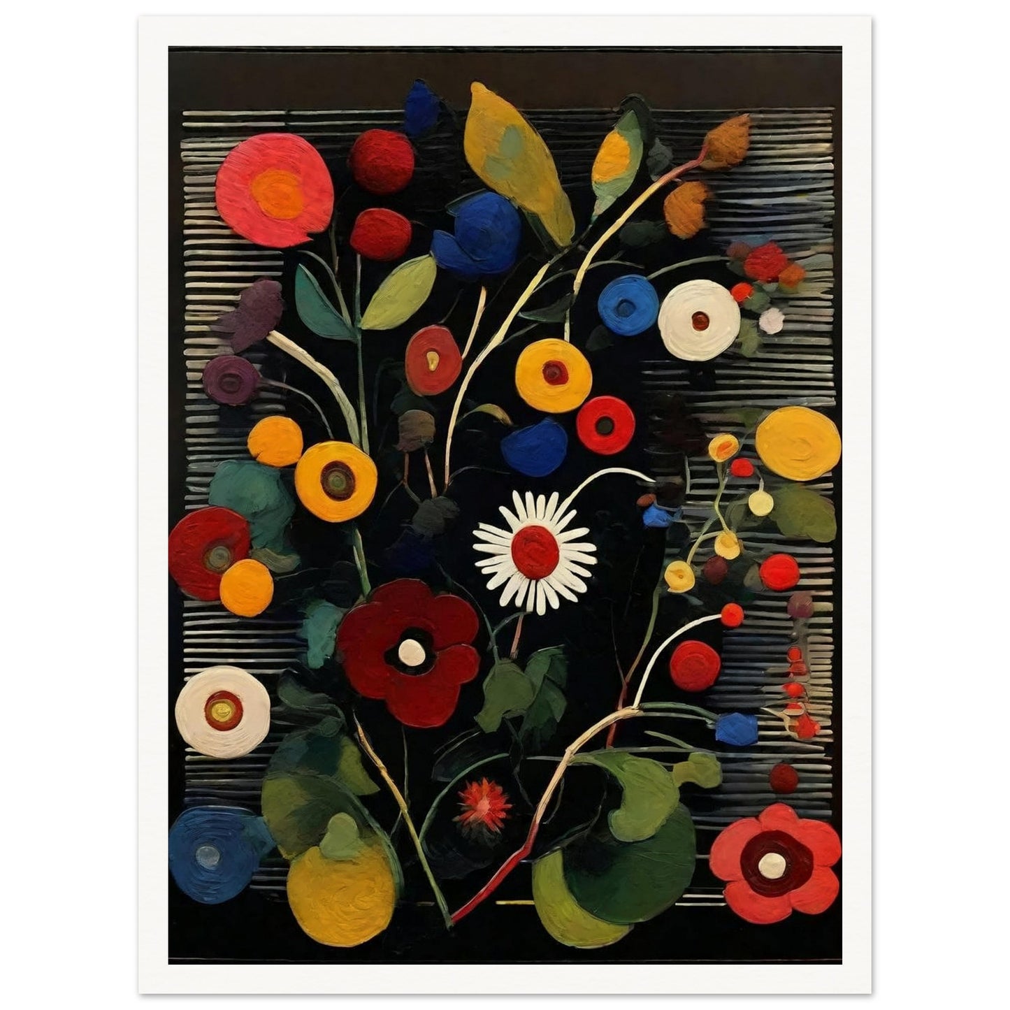 A lively painting featuring an array of colorful circular flowers in red, yellow, blue, and white, set against a dark striped background.