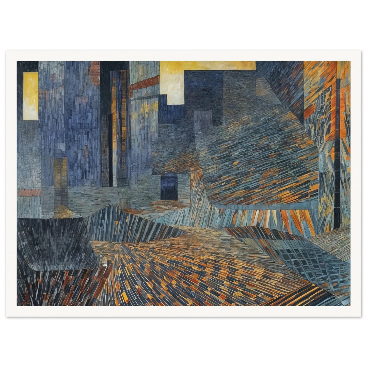 A mosaic-like abstract painting depicting an urban landscape with intricate patterns and vibrant colors.