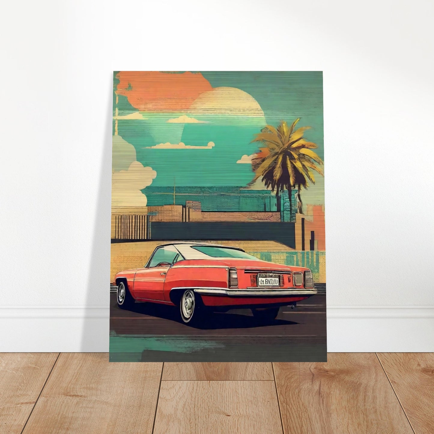 A vintage-style illustration of a red classic car parked near a palm tree with a sunset background.
