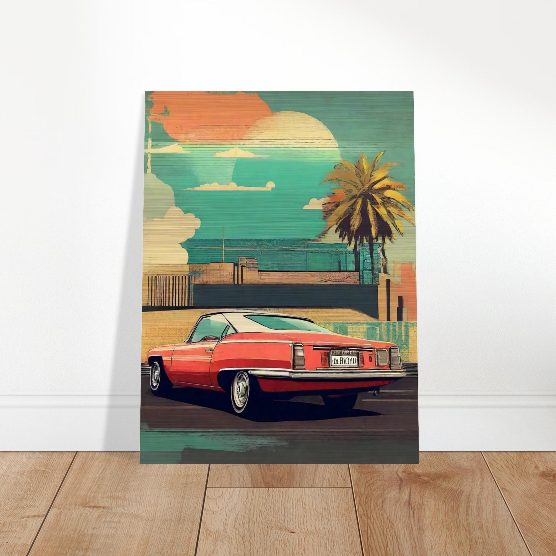 A vintage-style illustration of a red classic car parked near a palm tree with a sunset background.