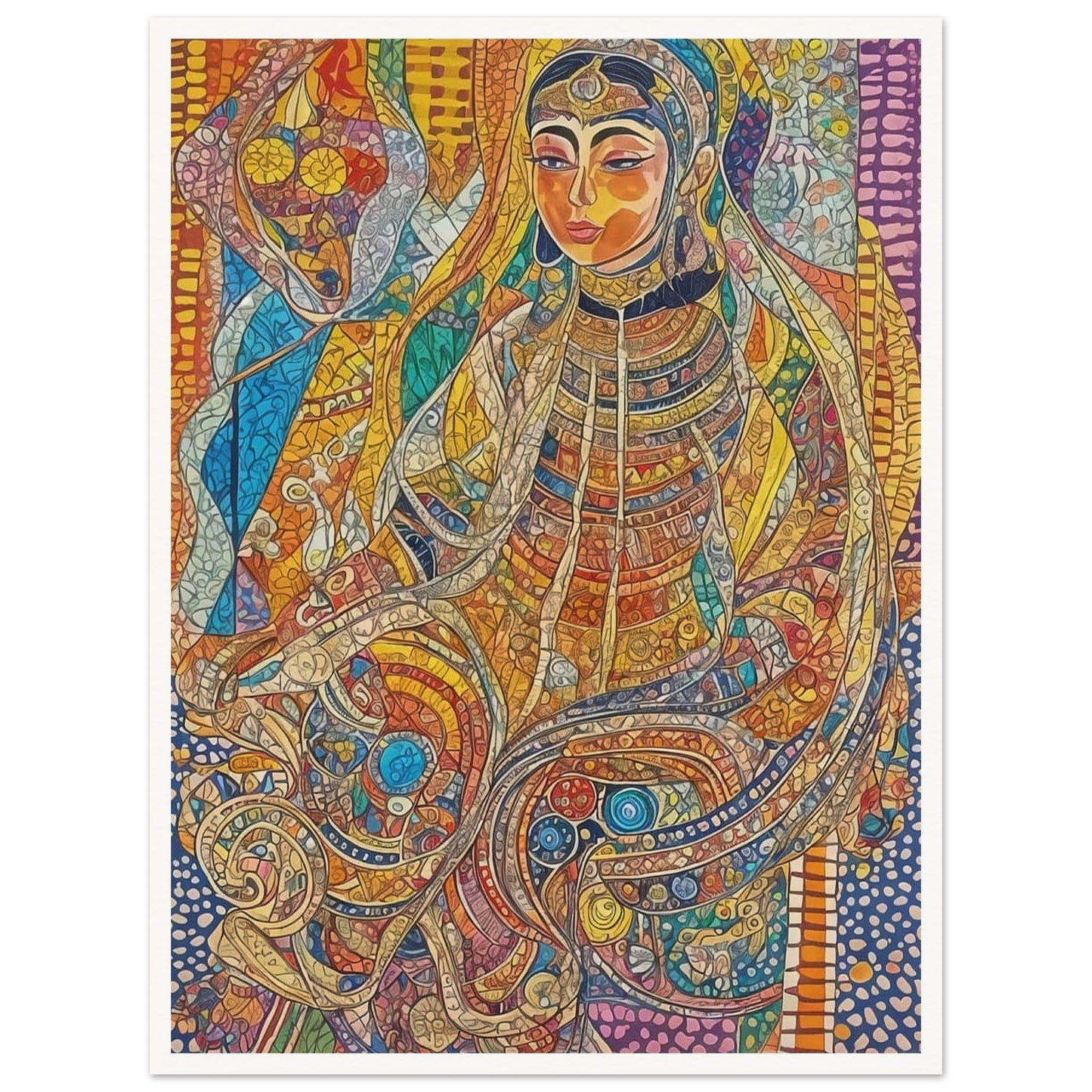 A vibrant mosaic-style artwork depicting a regal woman in intricate traditional attire, surrounded by vivid colors and patterns.