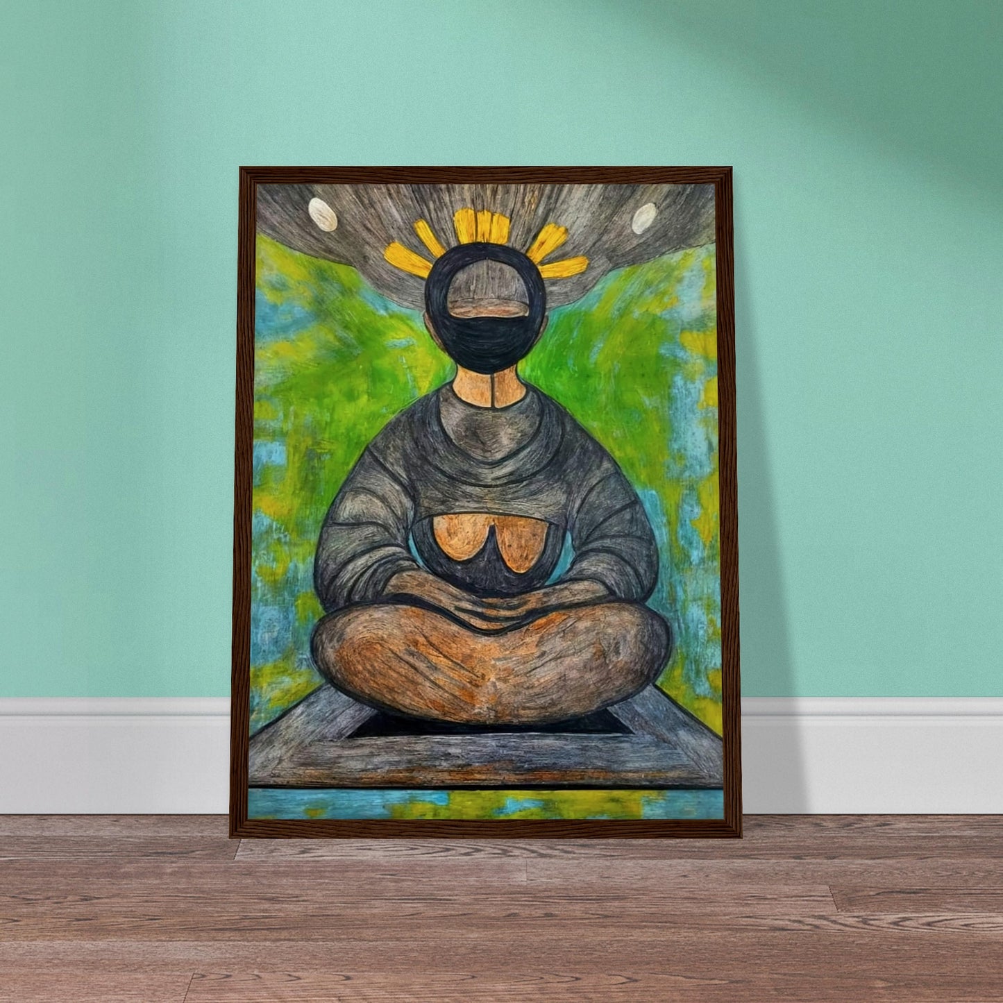 An abstract depiction of a meditative figure seated in a cross-legged position with a halo-like crown of yellow rays, set against a vibrant green and blue background, symbolizing tranquility and spiritual reflection.