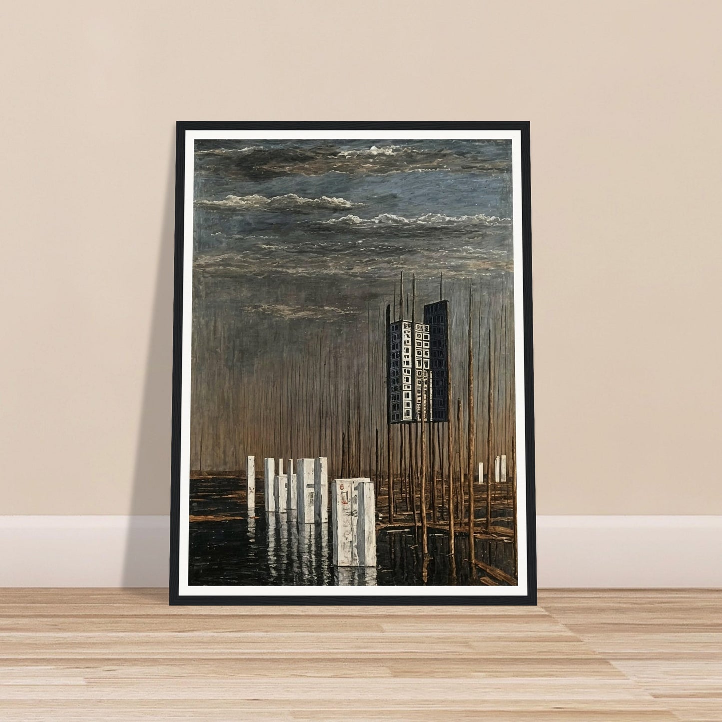 A surreal landscape painting featuring a tall, isolated building suspended among thin wooden poles, with reflective water and a cloudy sky.