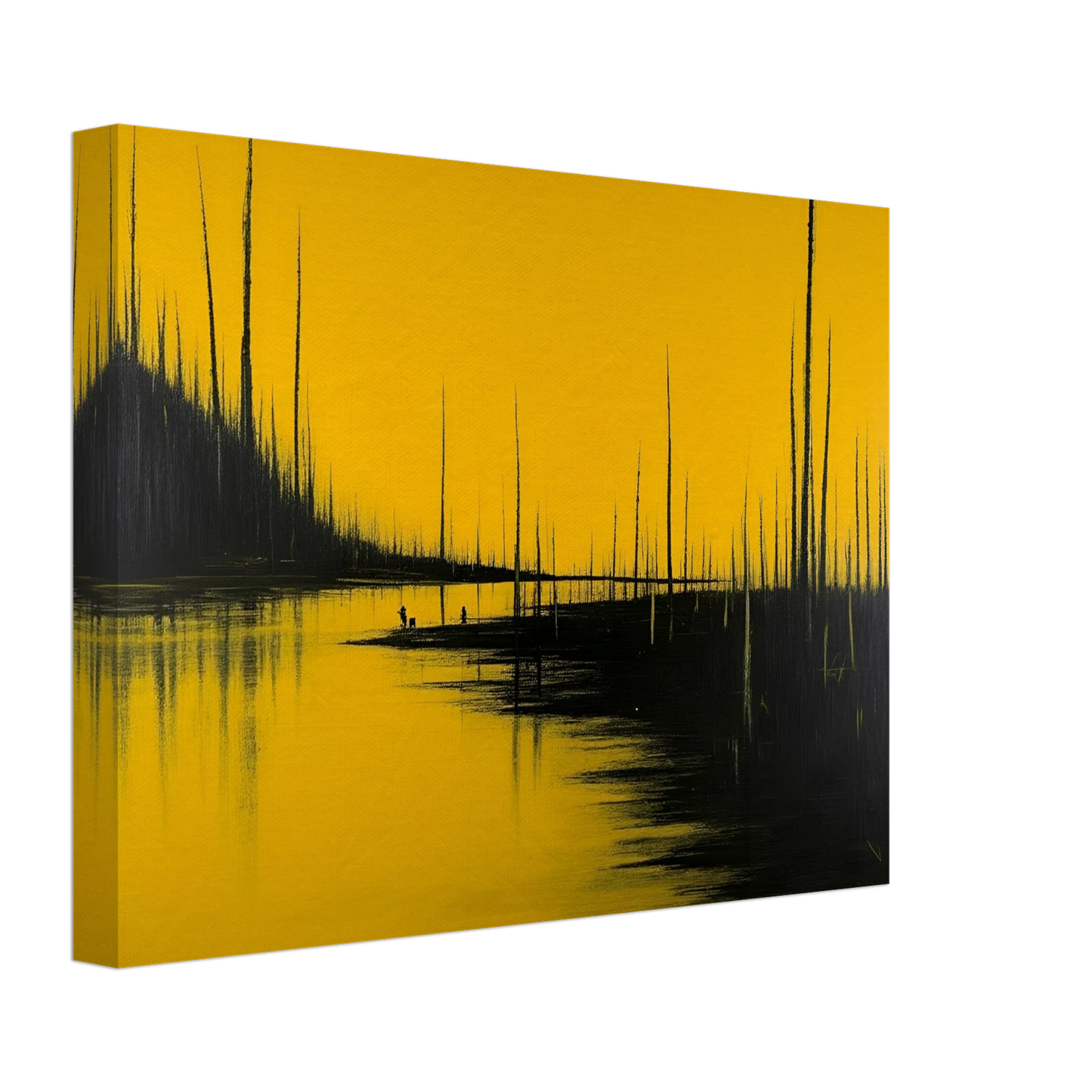 Tall black trees pierce a golden-yellow sky, reflected in still waters as tiny figures stand quietly in the surreal forest scene.