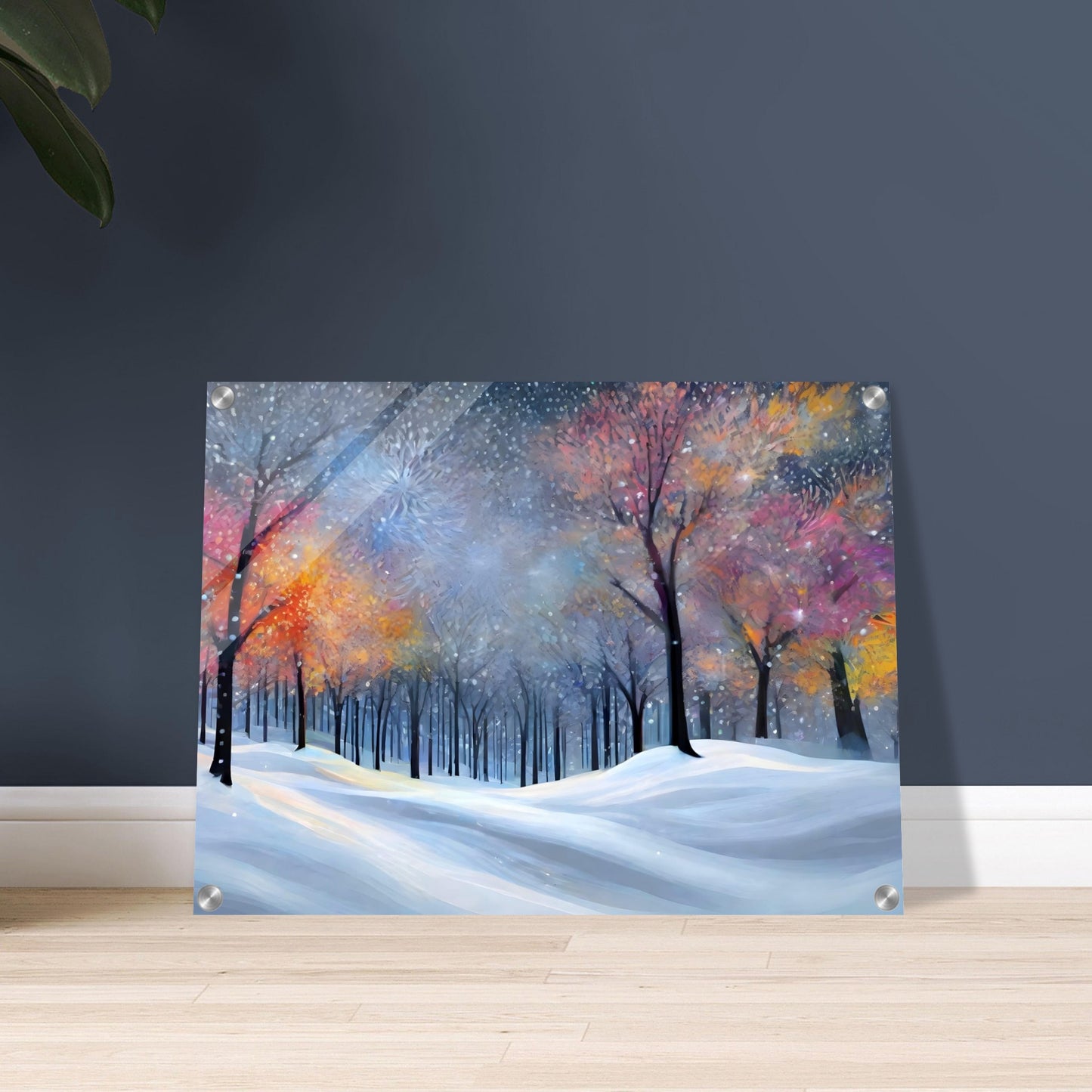 A magical winter forest with colorful, softly glowing trees covered in snow, surrounded by a serene snowfield under a shimmering twilight sky.