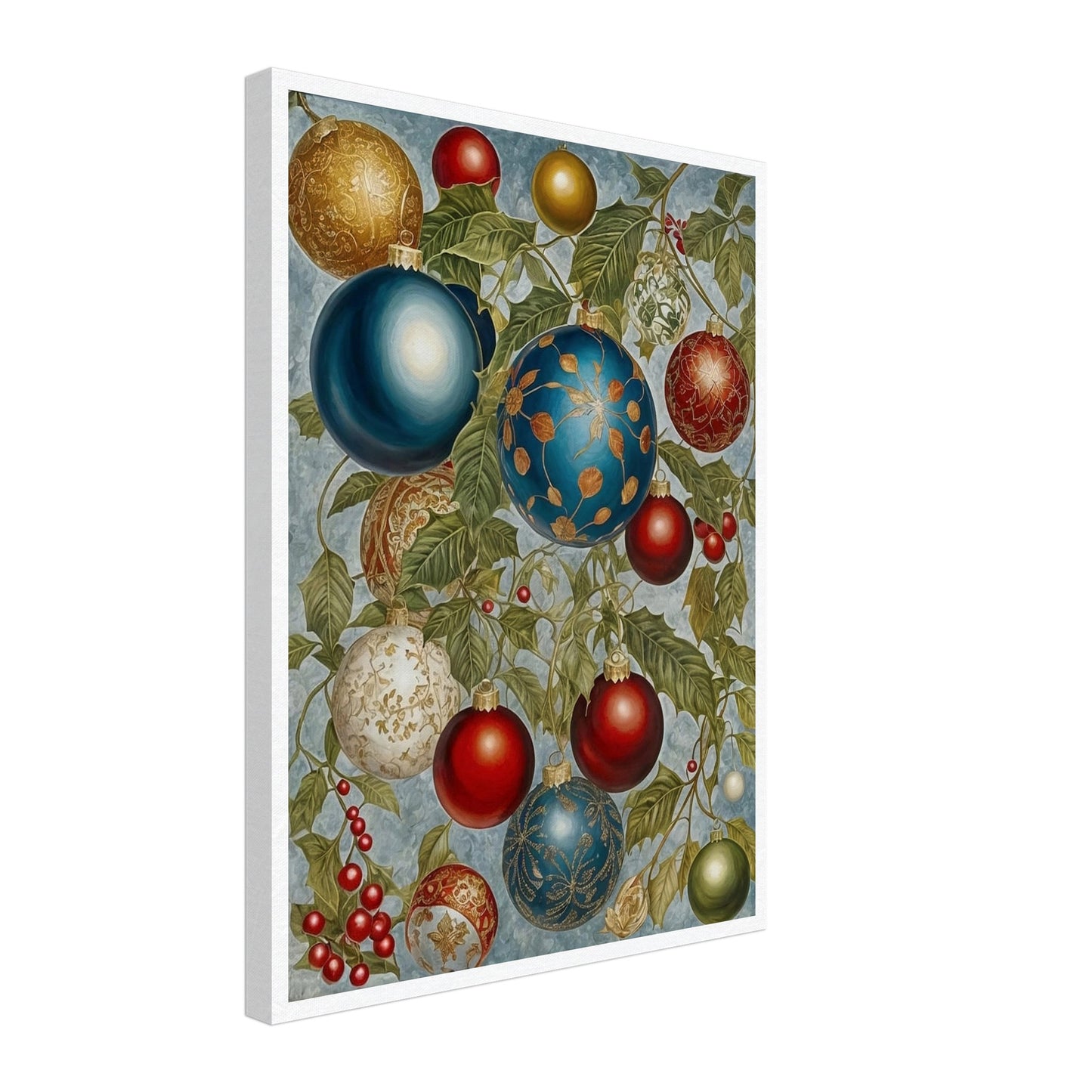 A beautiful arrangement of Christmas ornaments in blue, red, gold, and white, hanging from holly branches adorned with berries, showcasing intricate holiday designs.