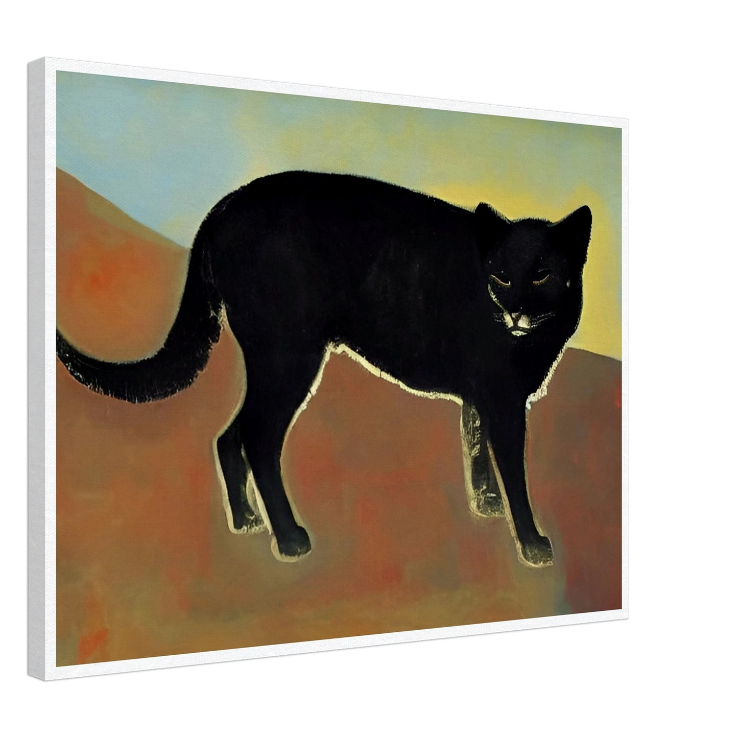 A dark and enigmatic black cat with piercing eyes stands against a warm, earthy backdrop in a minimalist style.