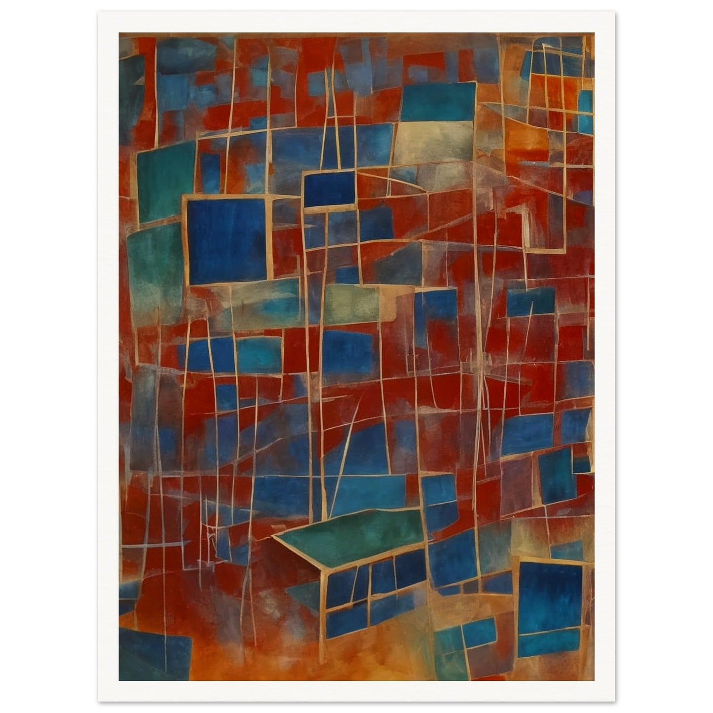 A vibrant composition featuring a network of interconnected blue and red rectangles, creating a dynamic and fragmented visual experience.