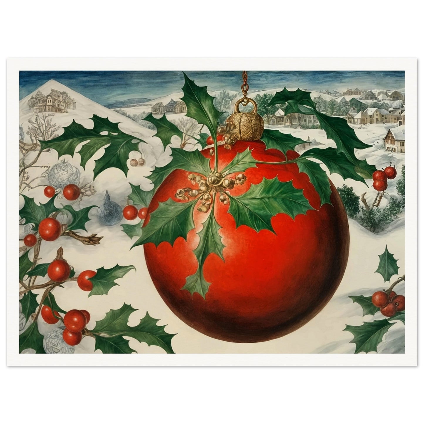 A large red Christmas ornament adorned with holly leaves and berries, set against a snowy village landscape, evoking the holiday spirit in a wintry setting.