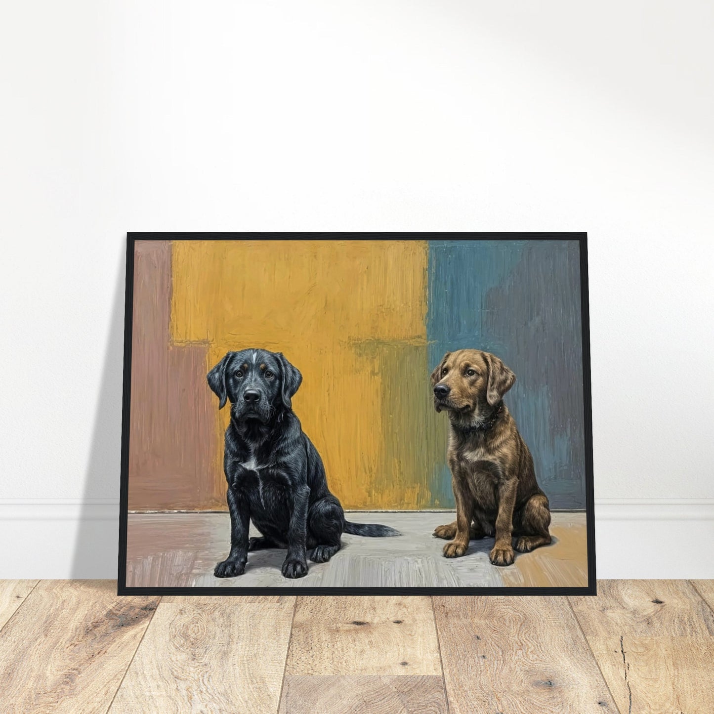 A realistic painting of two dogs sitting side by side against a colorful background, showcasing a black and a brown dog.